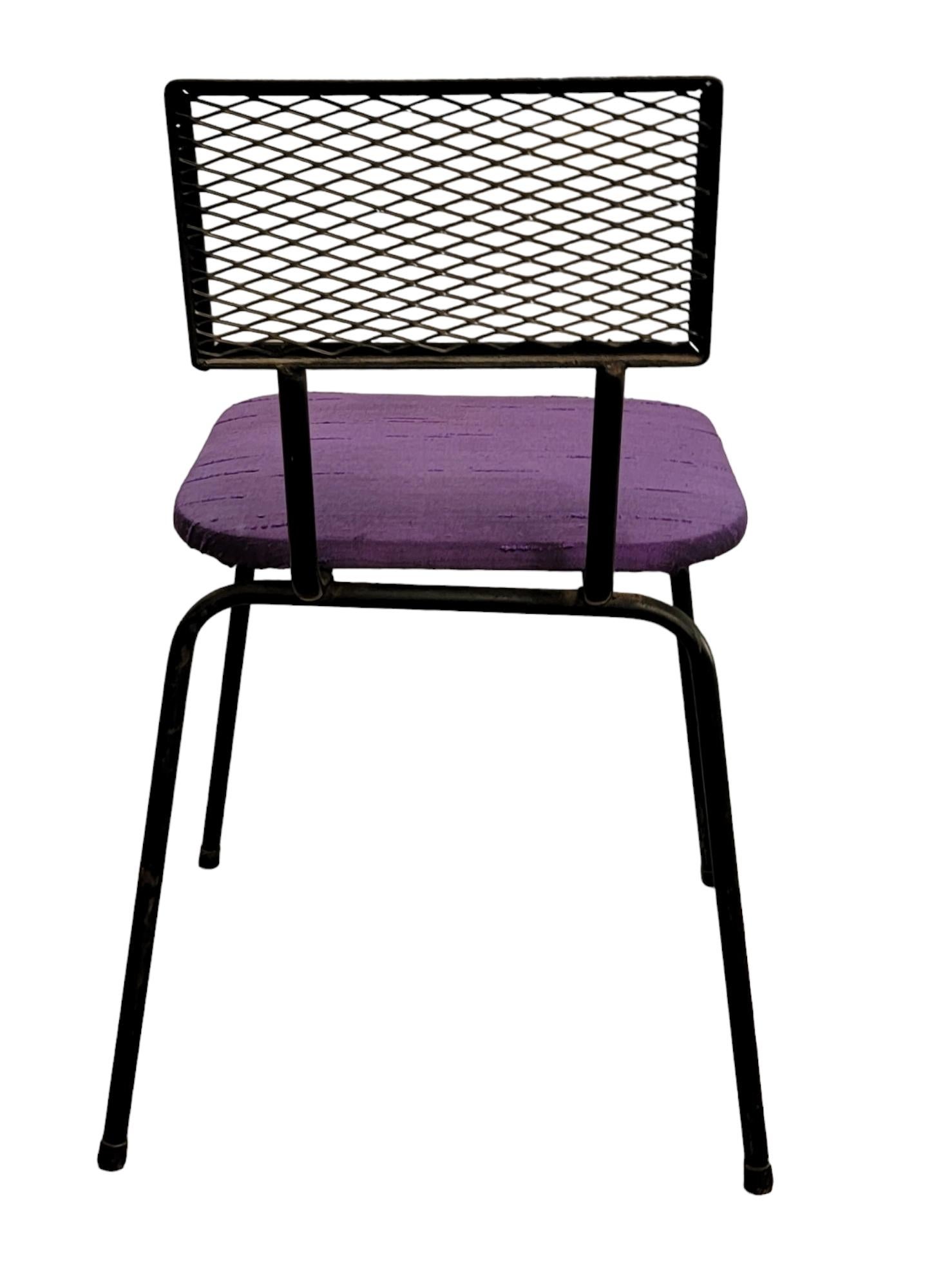 Mid Century Expanded Metal Back Chairs by Loroman. Black metal frame with purple fabric. Makers mark underneath the chair. Great side chair.