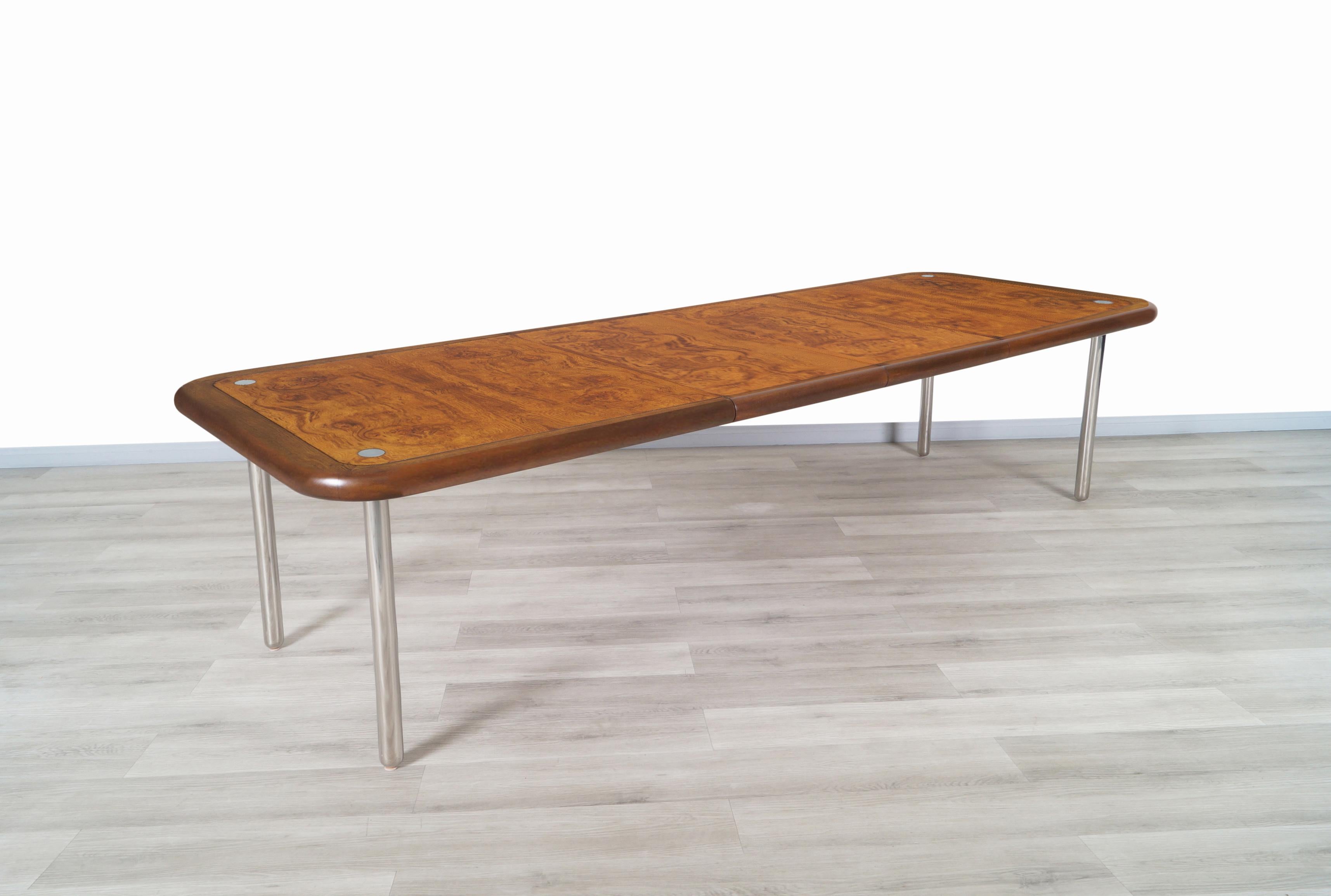 Stainless Steel Mid Century Expanding Burl Wood and Walnut Dining Table