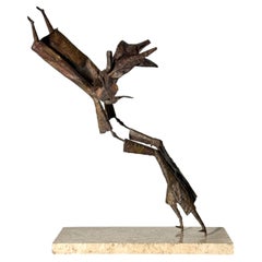 Mid Century Expressionist Metal Sculpture on Travertine Base Brutalist Style