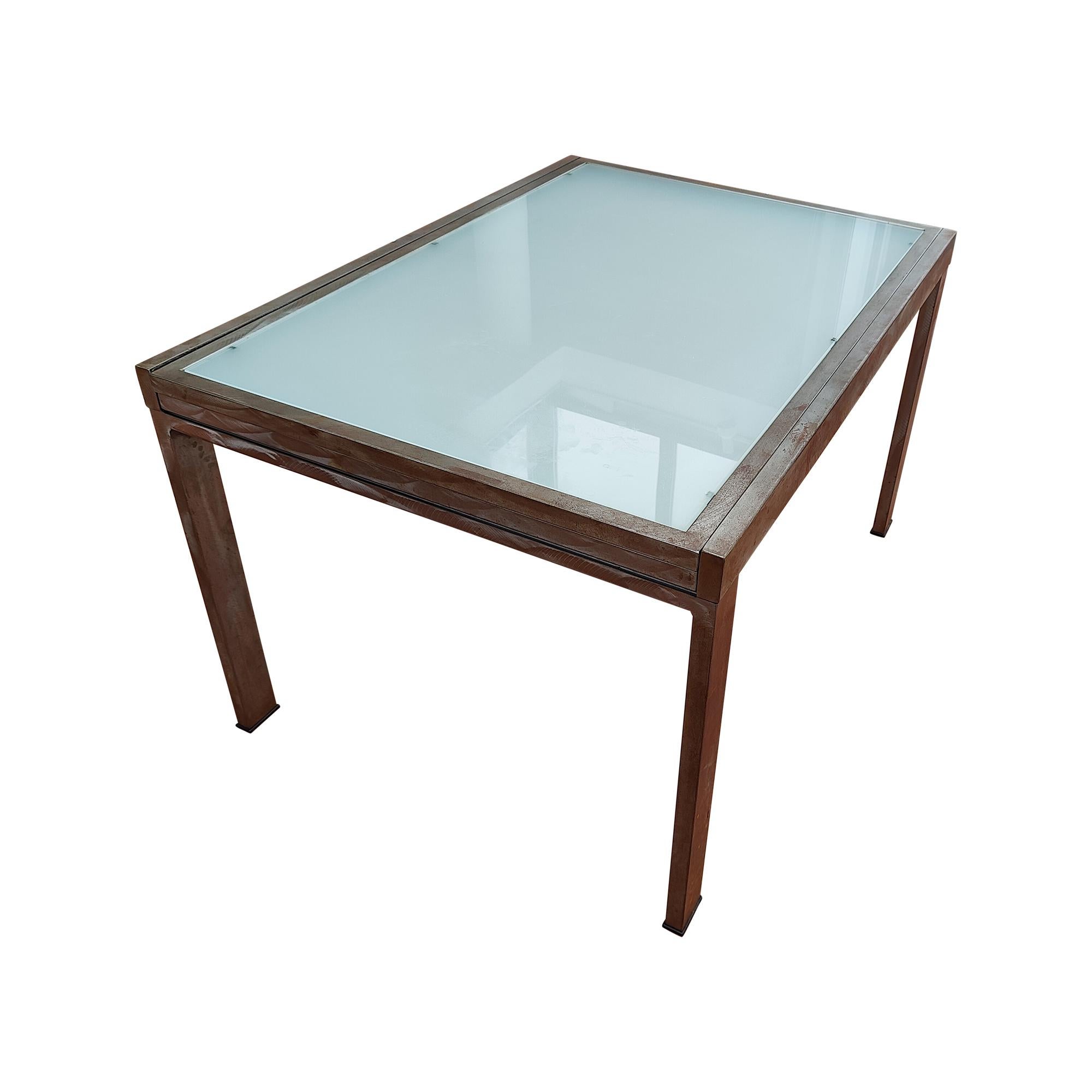 Brushed Mid-Century Extendable Satined Glass Dining Table For Sale