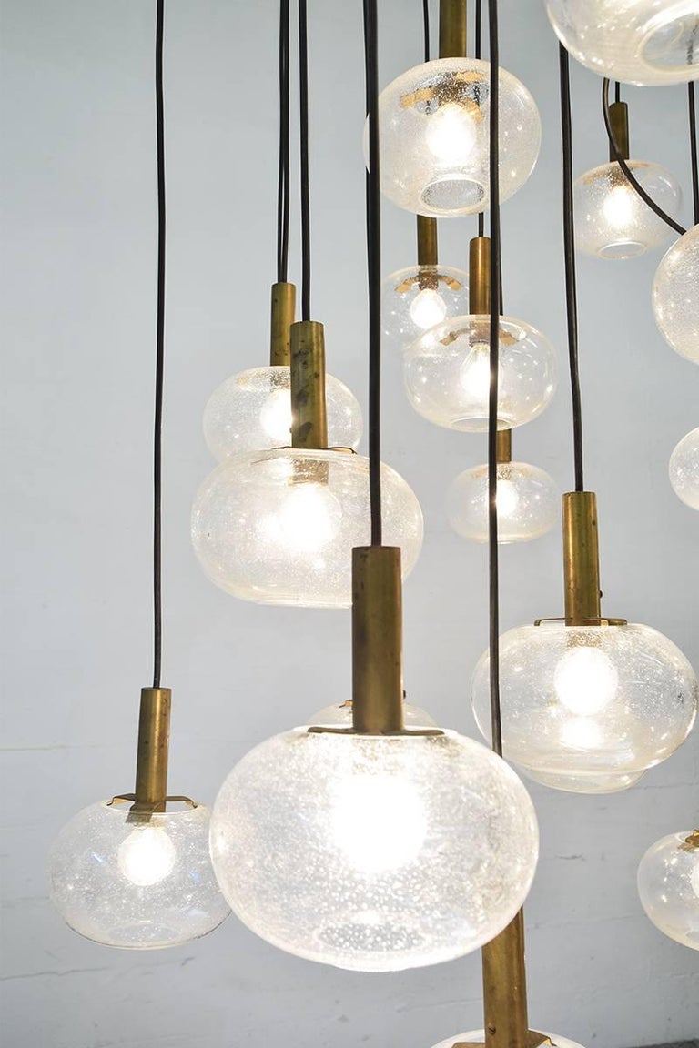 MidCentury Extra Large Italian Brass and Bubble Glass Chandelier