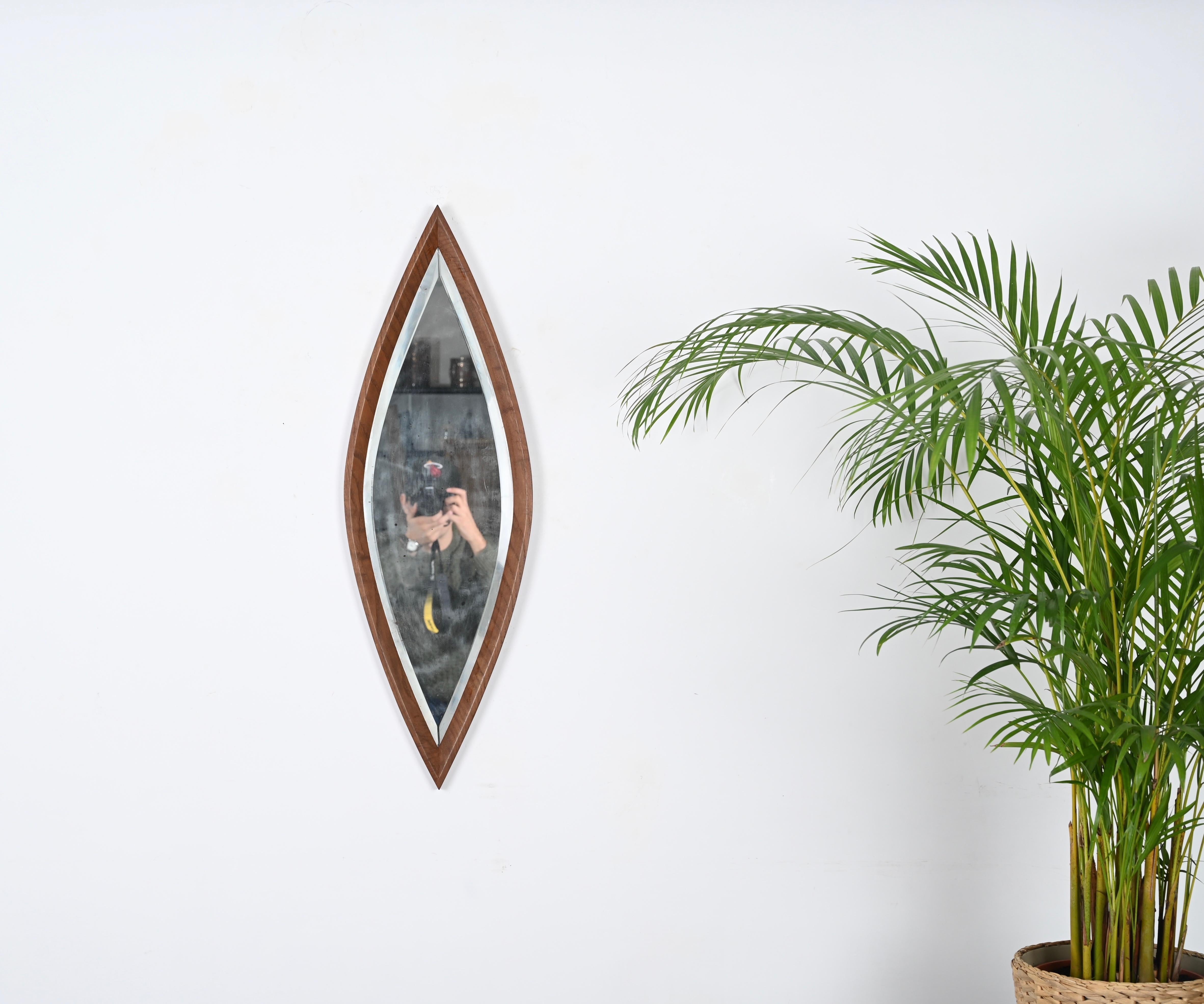 Mid-Century Modern Mid-Century Eye-Shaped Wall Beveled Mirror, Walnut Frame, 1950s Italy  For Sale