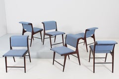 Mid-Century Ezio Minotti Set of 6 Wood and Blue Fabric Chairs Italy 50s