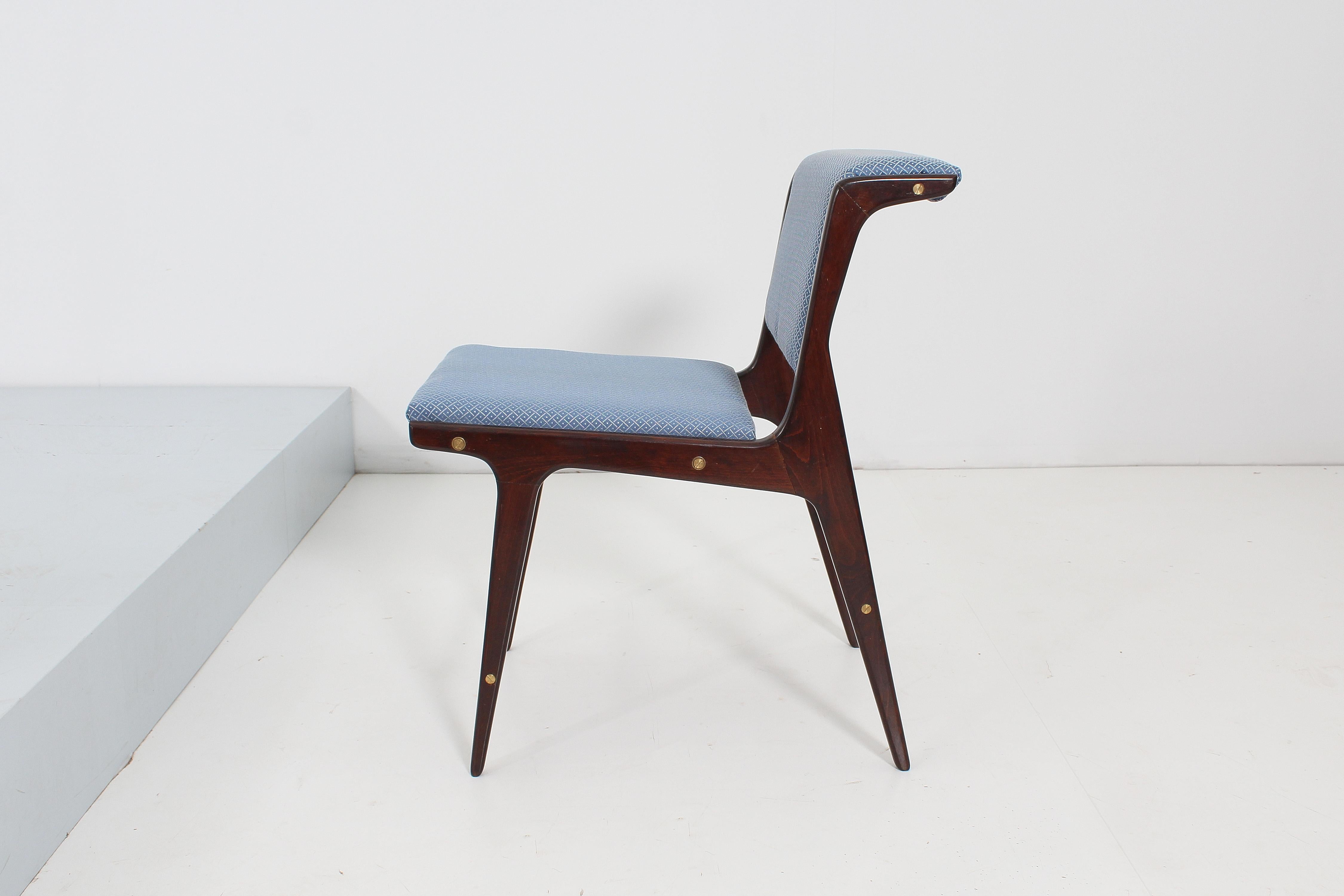 Mid-20th Century Mid-Century Ezio Minotti Set of 6 Wood and Blue Fabric Chairs Italy 50s For Sale