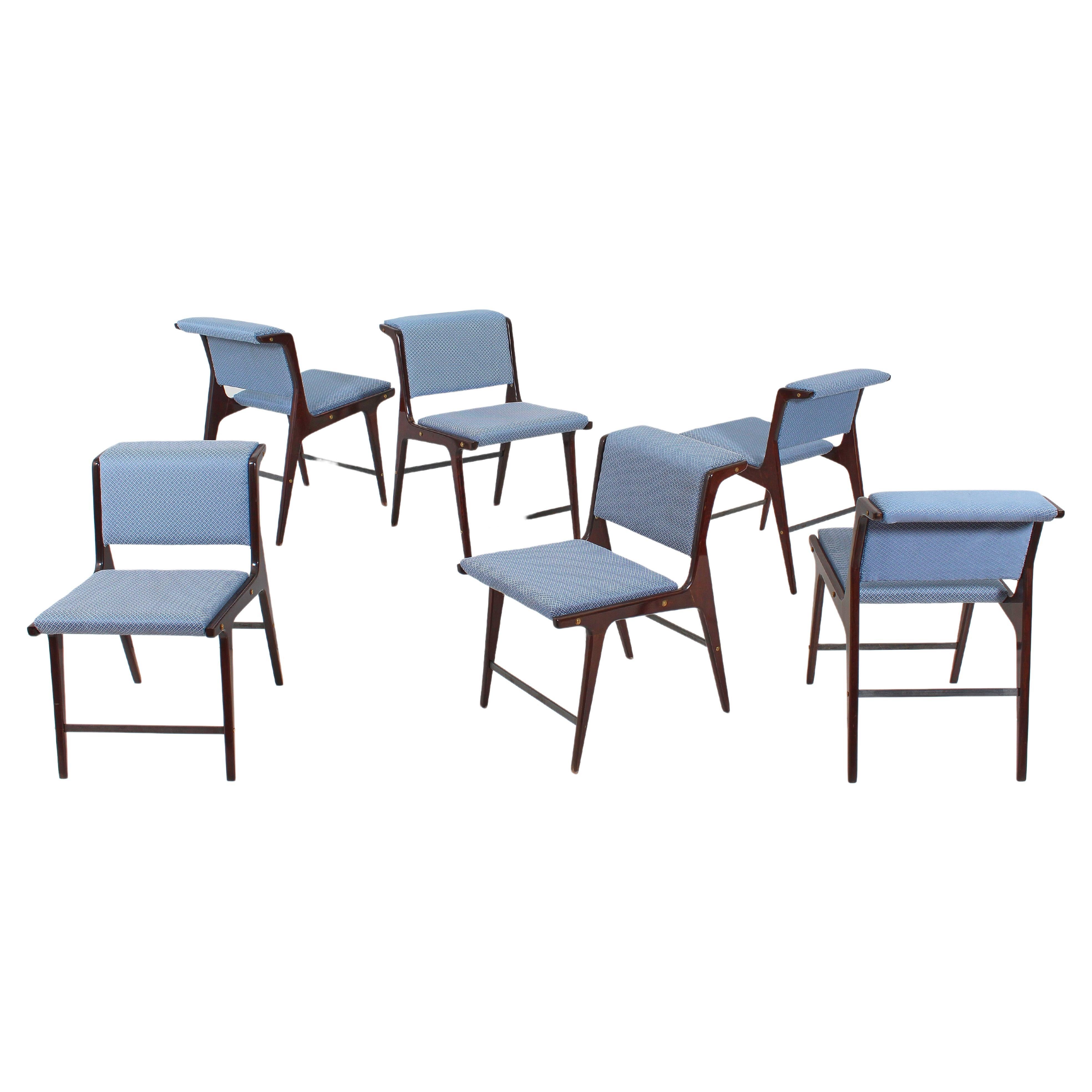 Mid-Century Ezio Minotti Set of 6 Wood and Blue Fabric Chairs Italy 50s