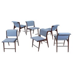 Mid-Century Ezio Minotti Set of 6 Wood and Blue Fabric Chairs Italy 50s