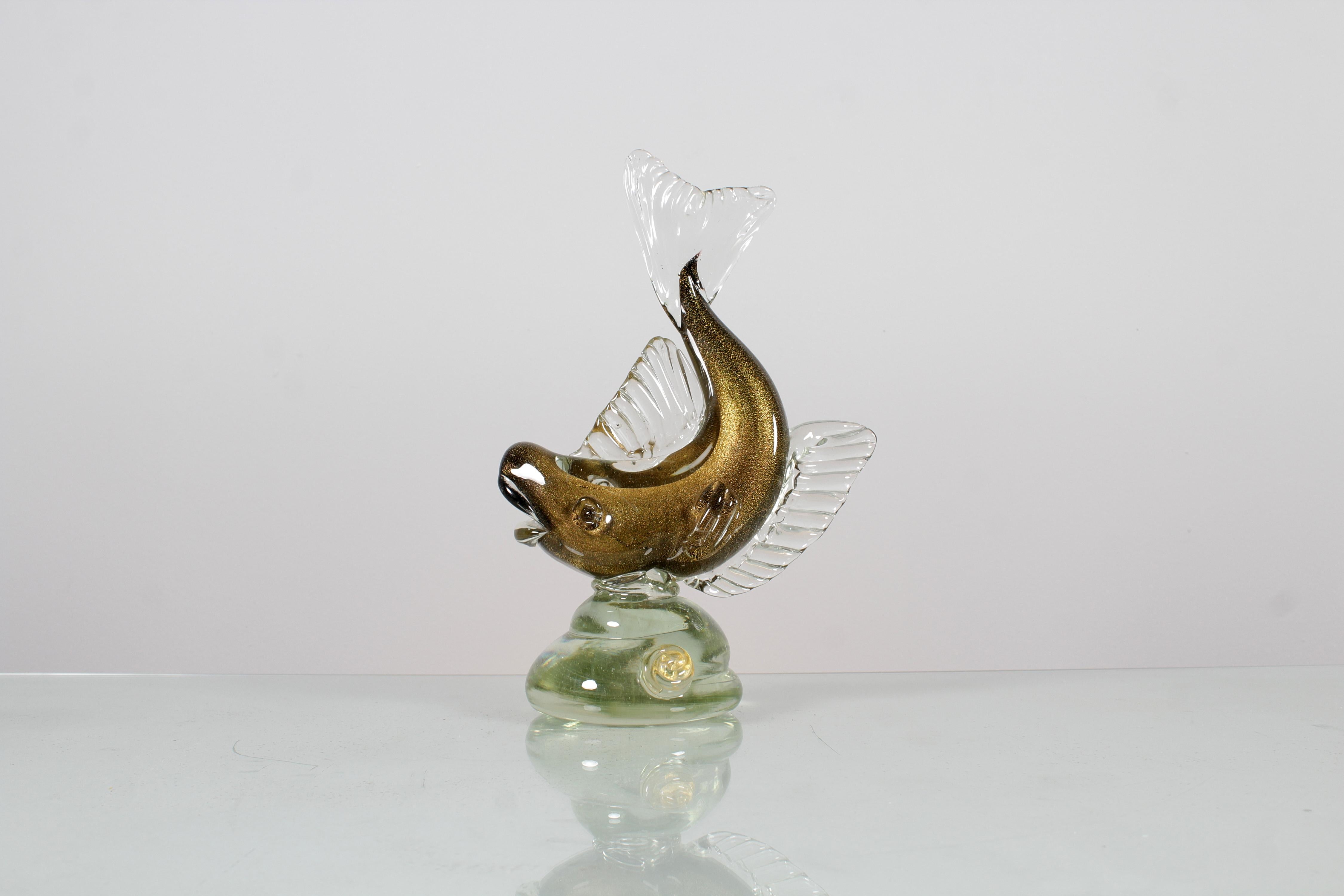 Mid-Century F. Poli (attr.) Murano Glass and Gold Leaf Fish 1960s Italy For Sale 1