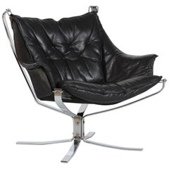 Midcentury Falcon Armchair by Sigurd Ressell with Black Leather and Chrome Base