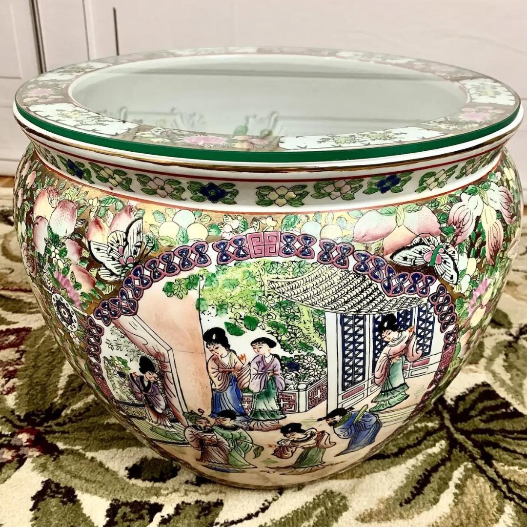 Mid-Century Famille Rose Chinoiserie Porcelain Fish Bowl For Sale 5
