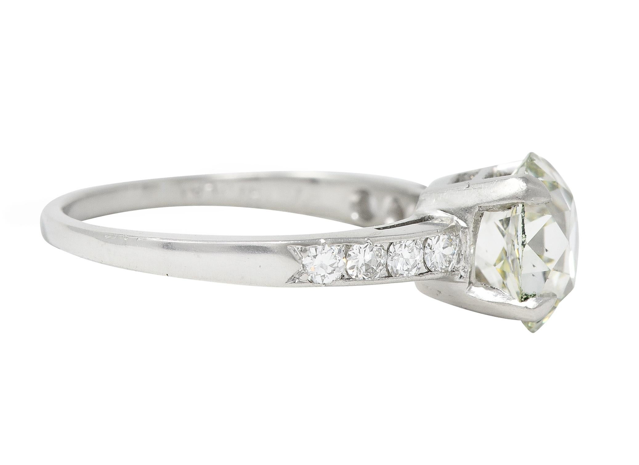 Mid-Century Fancy Light Yellow-Green Old Mine Cut Diamond Platinum Vintage Ring In Excellent Condition For Sale In Philadelphia, PA