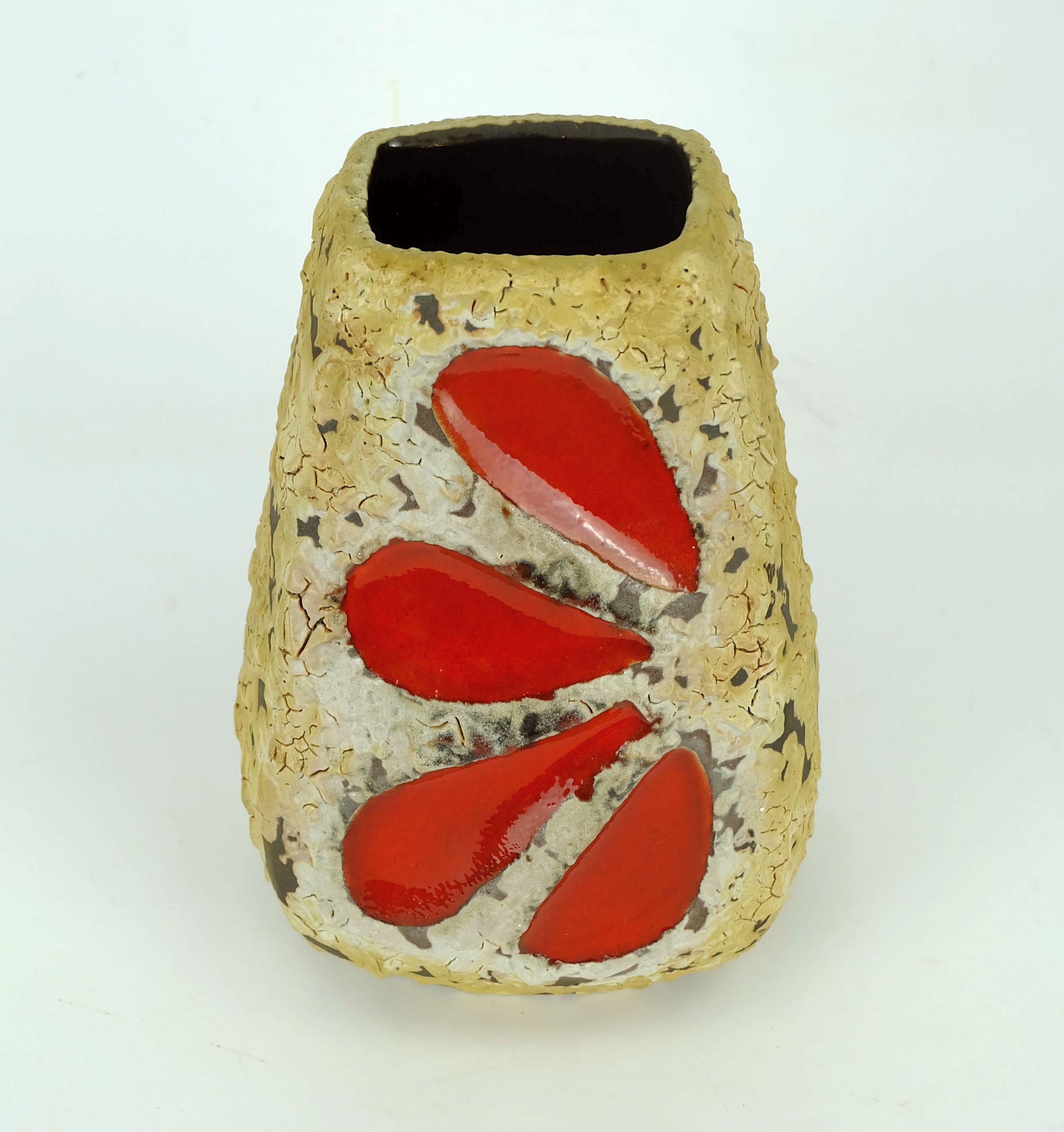 German mid century fat lava VASE es-keramik WGP brown beige glaze red leaf pattern For Sale