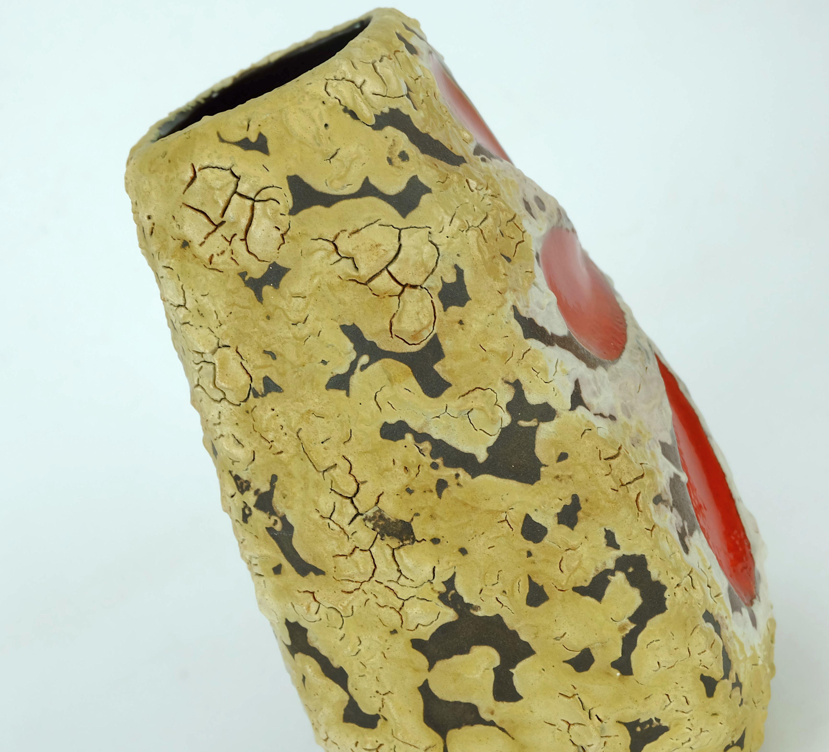 Mid-20th Century mid century fat lava VASE es-keramik WGP brown beige glaze red leaf pattern For Sale