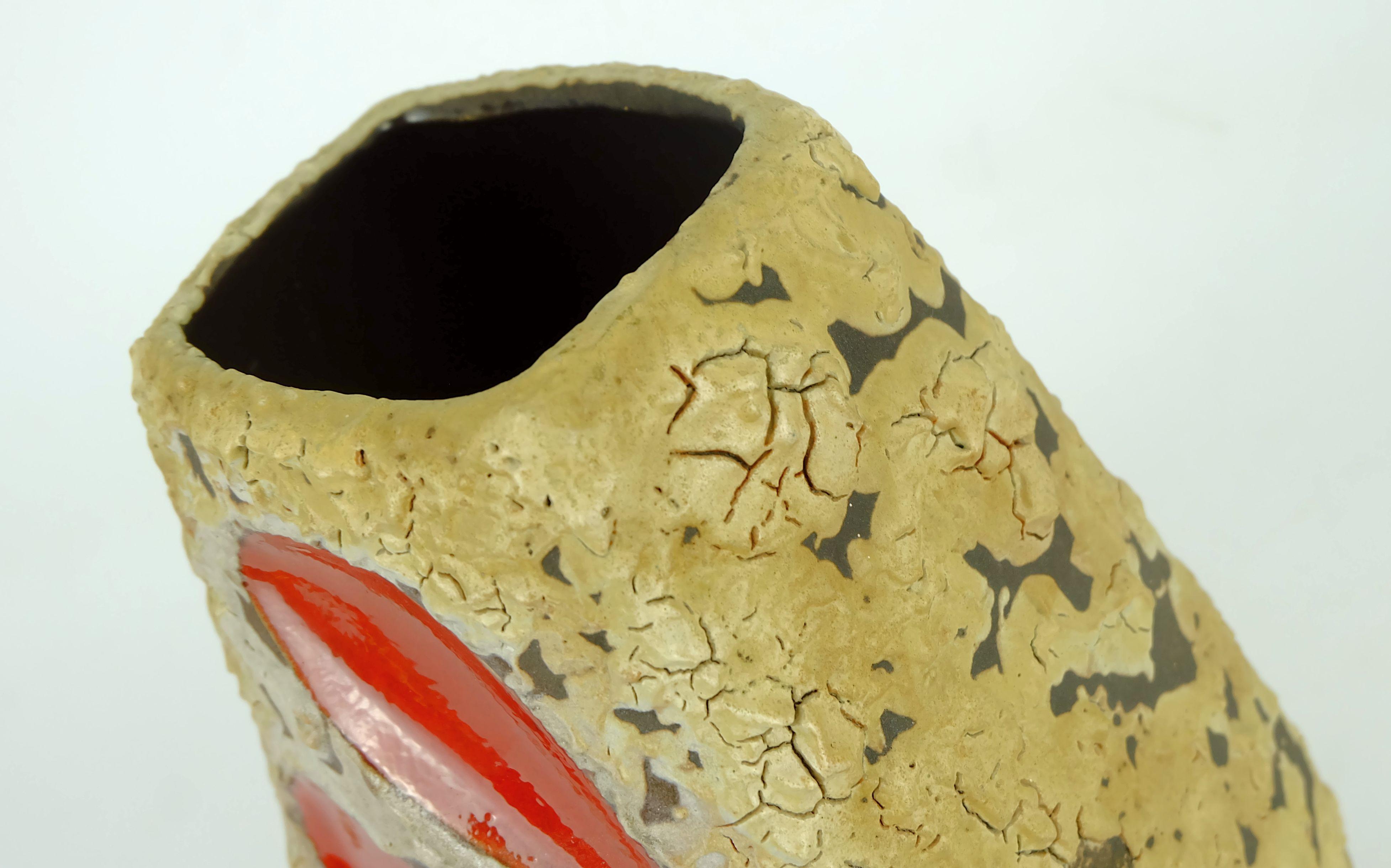 mid century fat lava VASE es-keramik WGP brown beige glaze red leaf pattern For Sale 2
