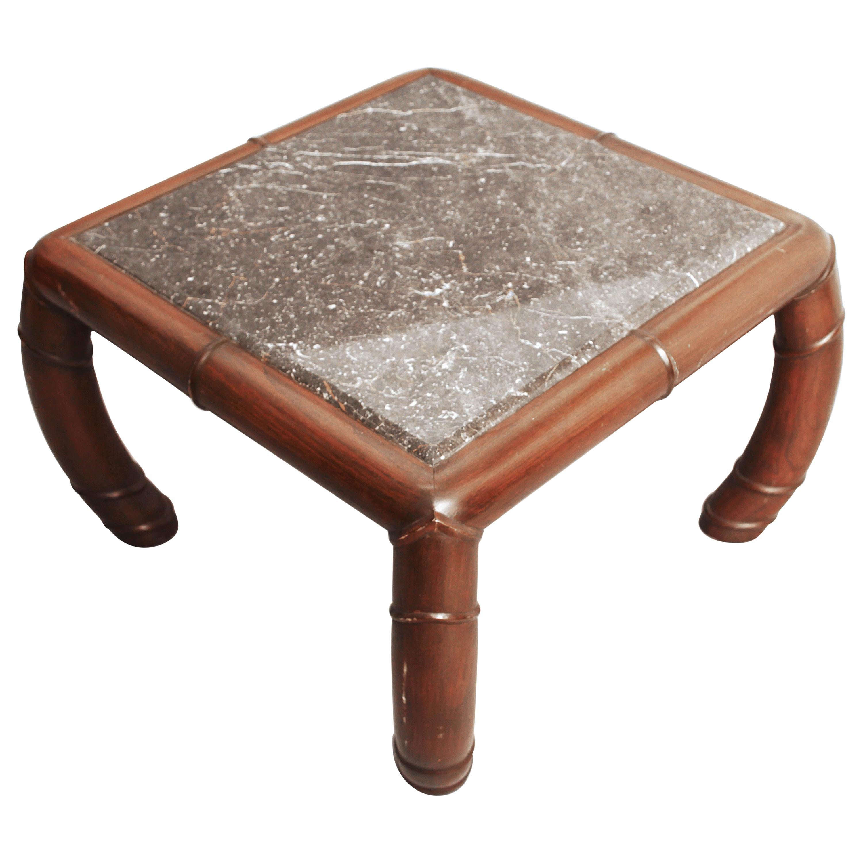 Midcentury Faux Bamboo and Grey Marble-Top Side Sofa Coffee Tables Hollywood For Sale