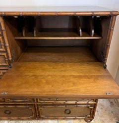 Mid Century Faux Bamboo and Rattan Highboy Wardrobe with Secretary Desk