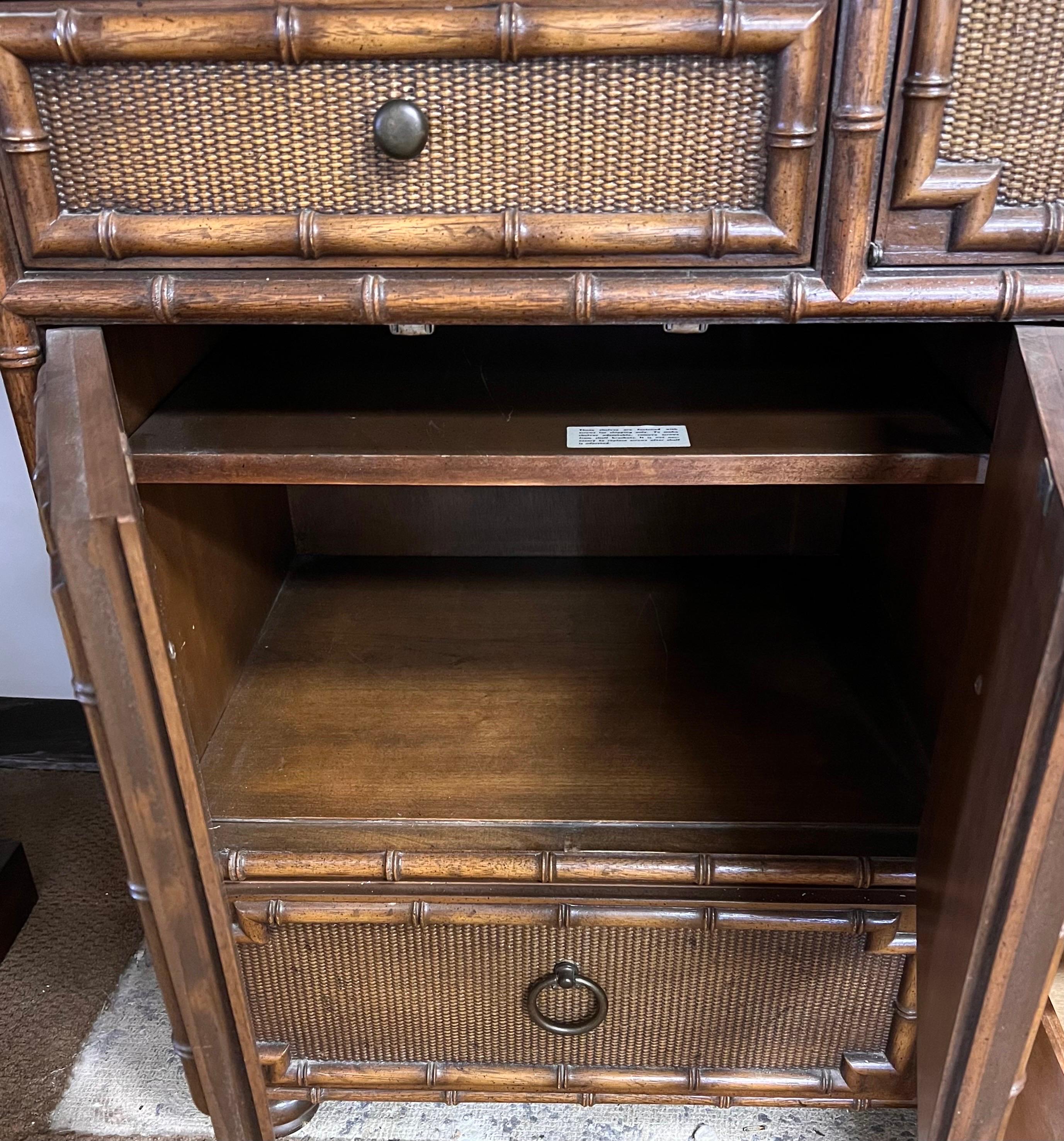 American Mid Century Faux Bamboo and Rattan Highboy Wardrobe with Secretary Desk