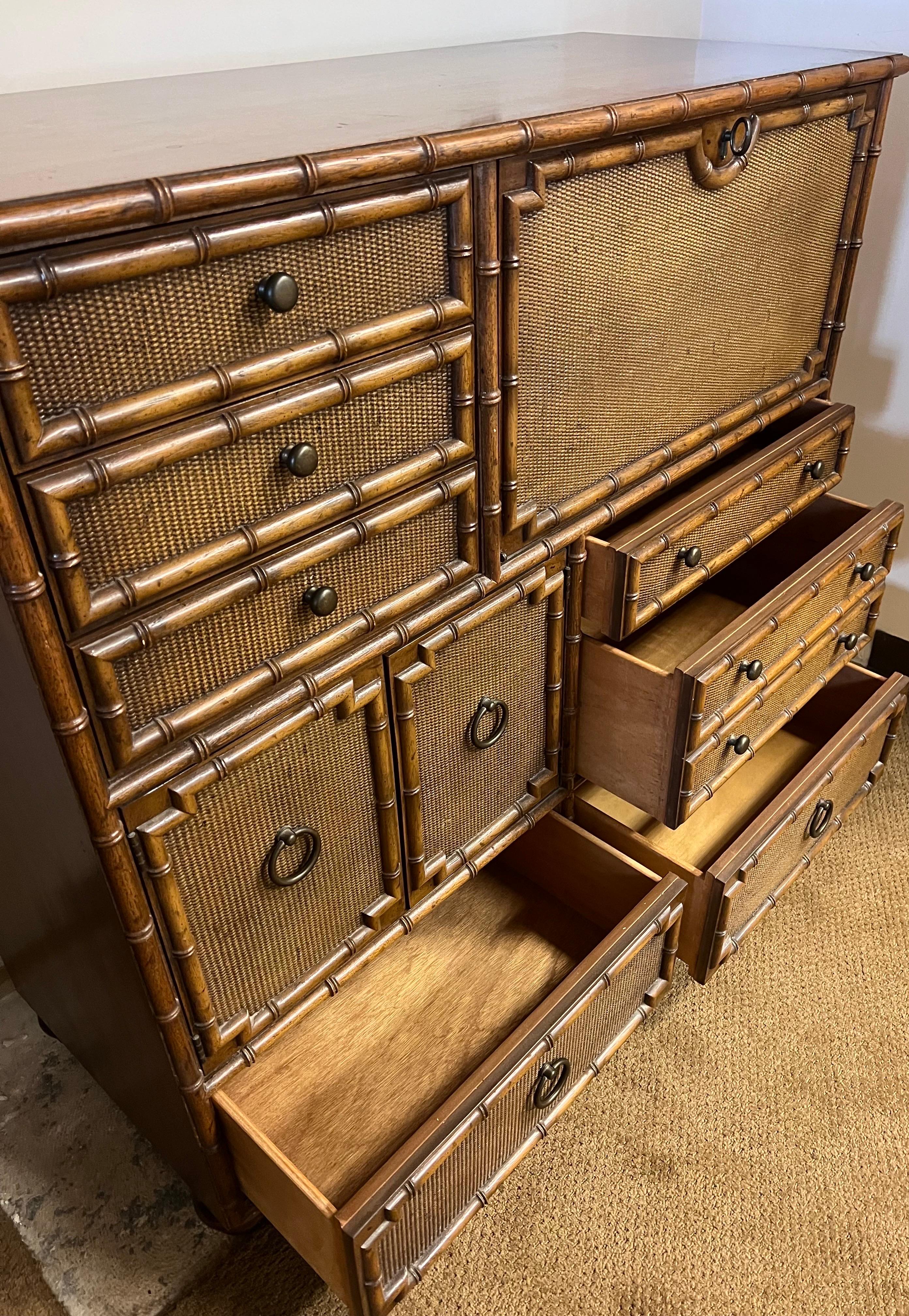 Mid Century Faux Bamboo and Rattan Highboy Wardrobe with Secretary Desk In Good Condition In West Hartford, CT