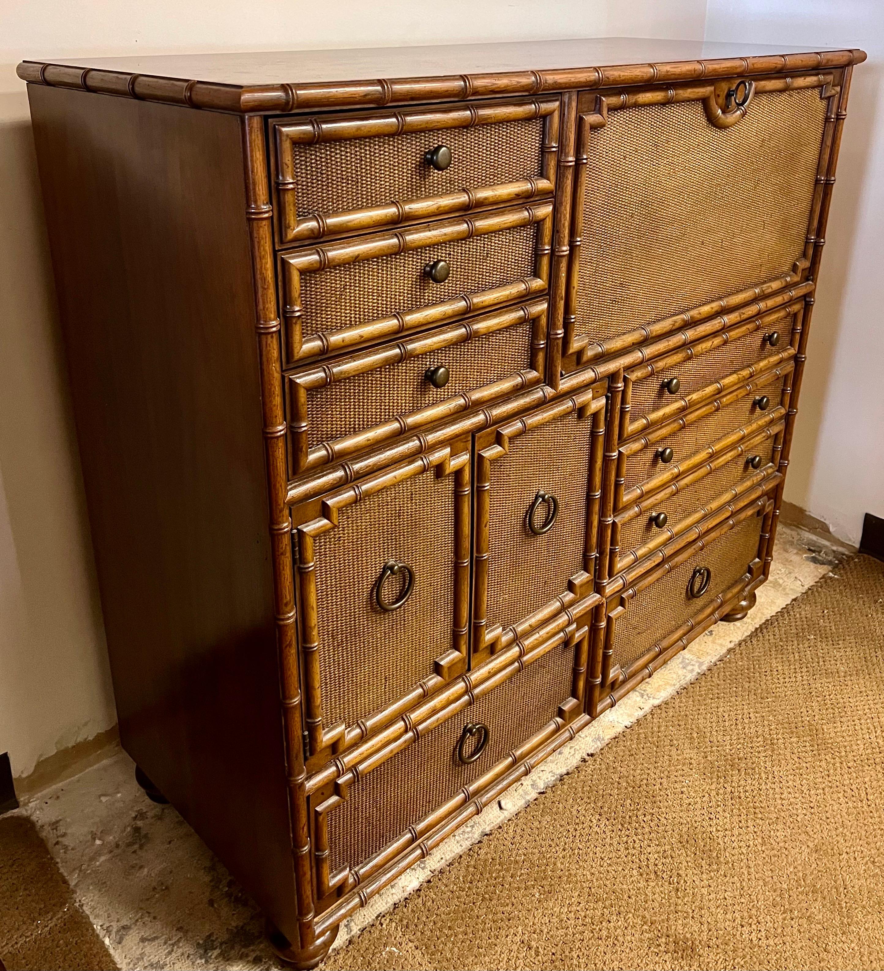 20th Century Mid Century Faux Bamboo and Rattan Highboy Wardrobe with Secretary Desk