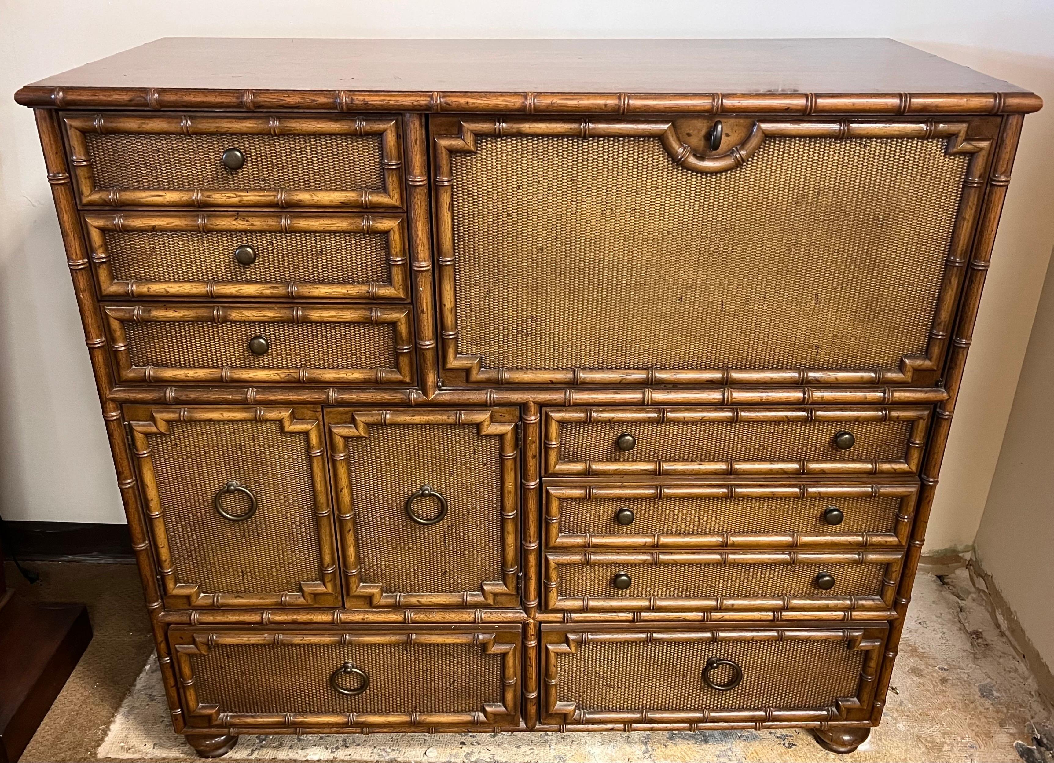 Mid Century Faux Bamboo and Rattan Highboy Wardrobe with Secretary Desk 1
