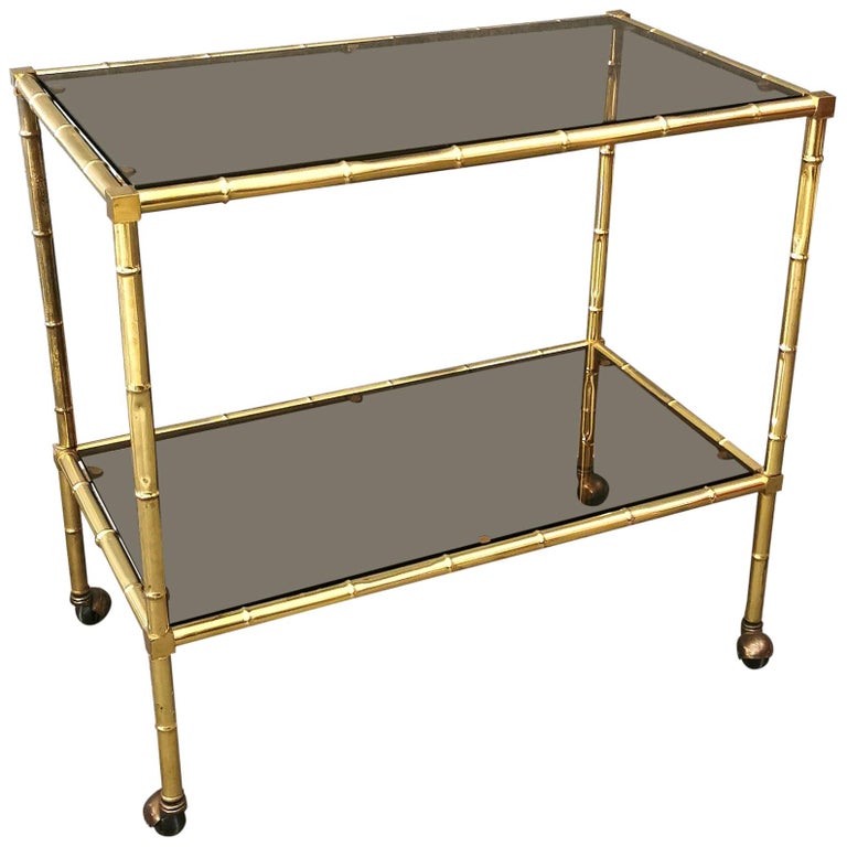 Midcentury Faux Bamboo Bar Cart in Brass and Smoked Glass Italian