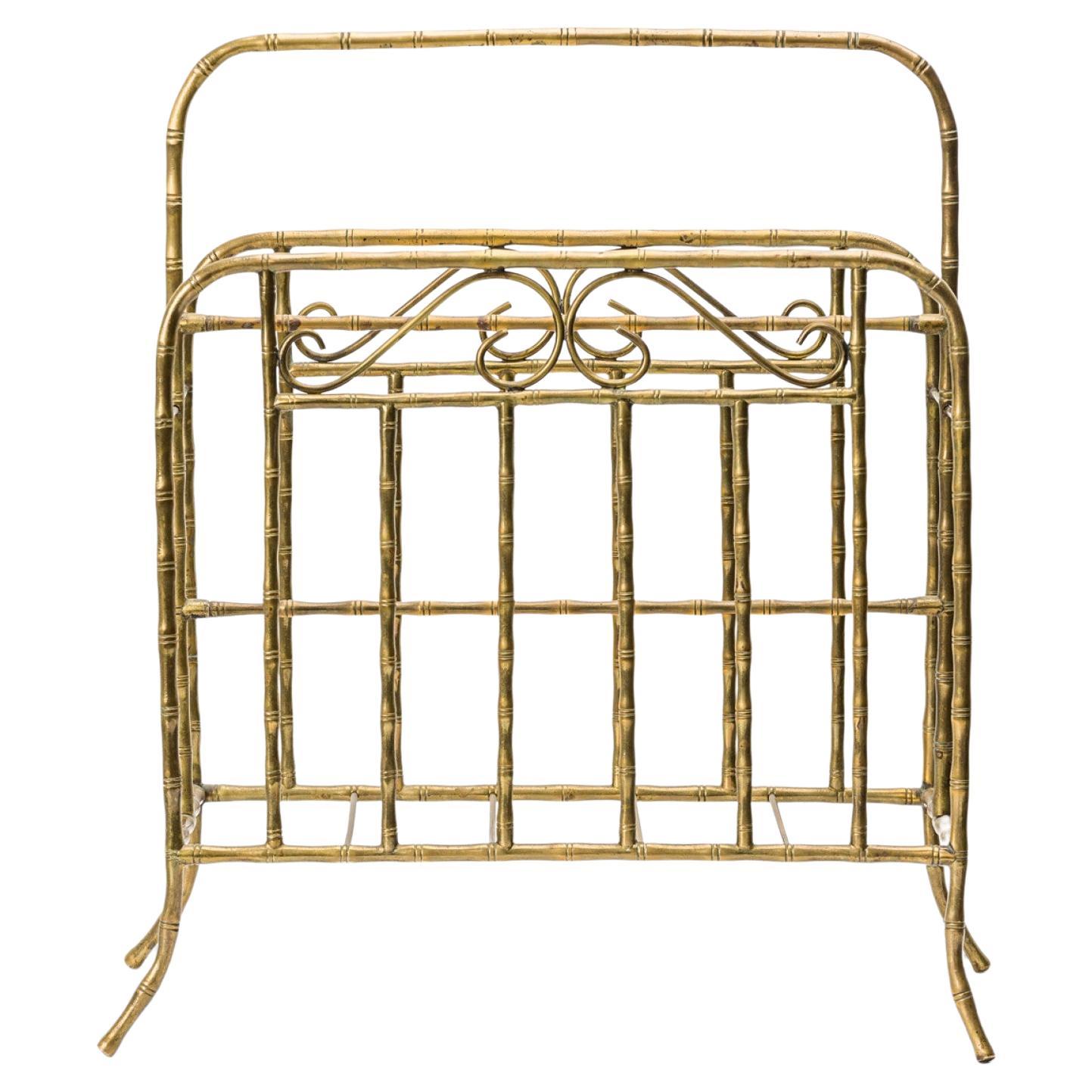 Mid-Century Faux Bamboo Brass Magazine Stand For Sale