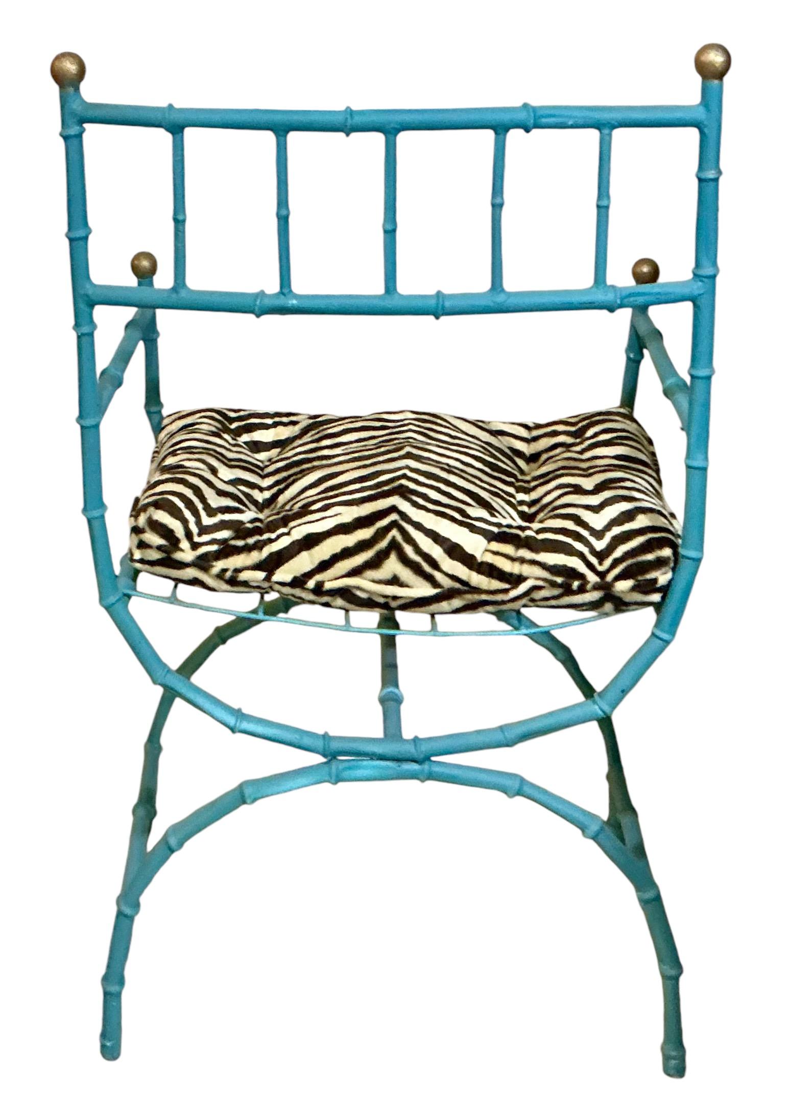 Mid-Century Faux Bamboo Campaign Style Metal Arm Chairs W/ Zebra Velvet - Pair For Sale 4
