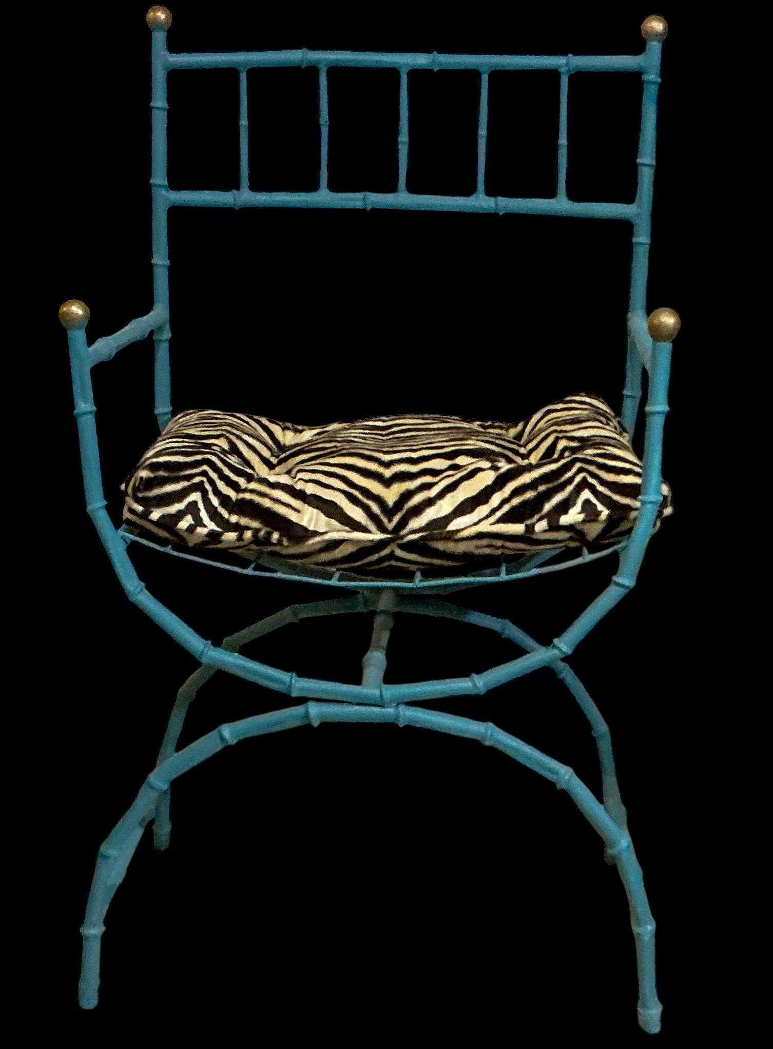 20th Century Mid-Century Faux Bamboo Campaign Style Metal Arm Chairs W/ Zebra Velvet - Pair For Sale