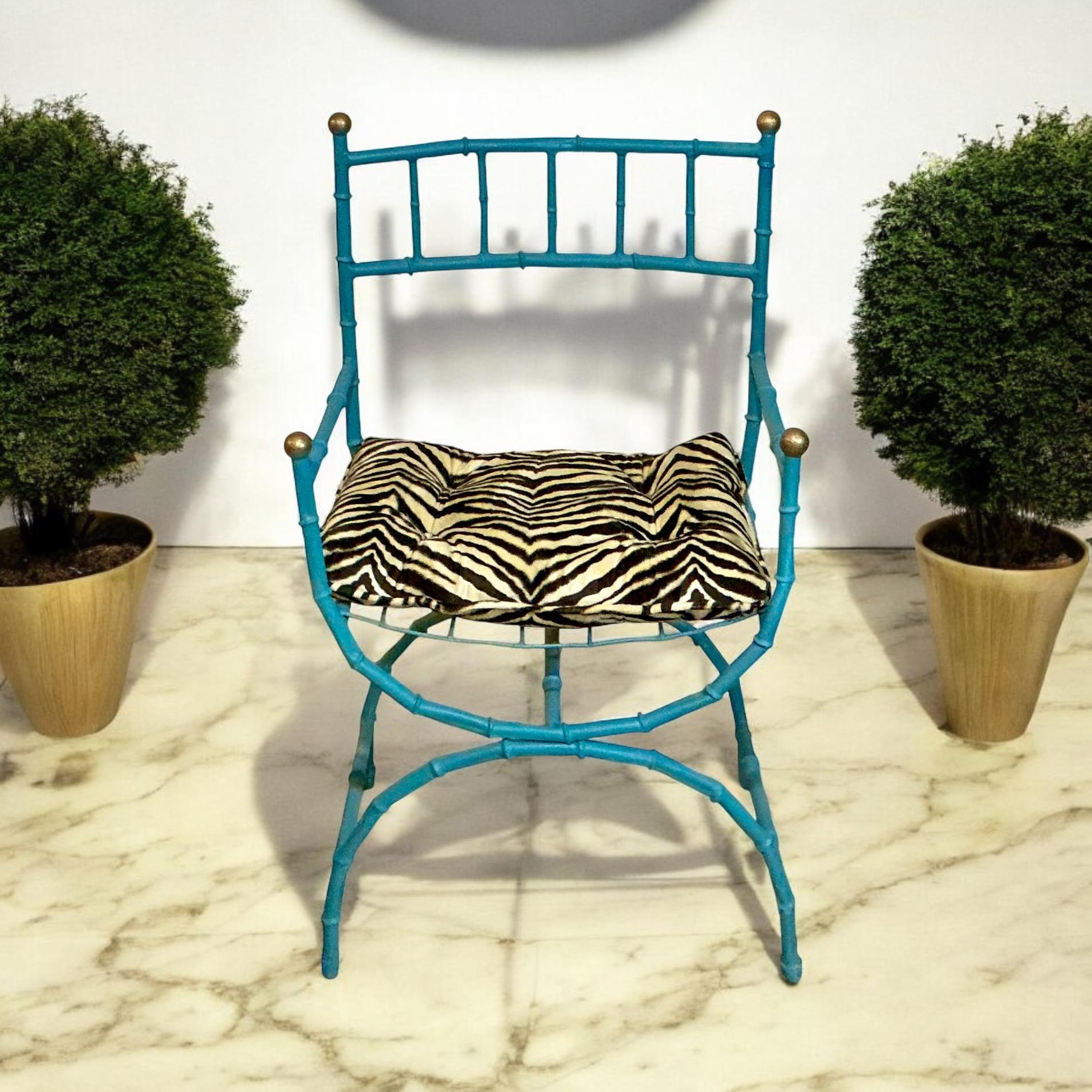 Aluminum Mid-Century Faux Bamboo Campaign Style Metal Arm Chairs W/ Zebra Velvet - Pair For Sale