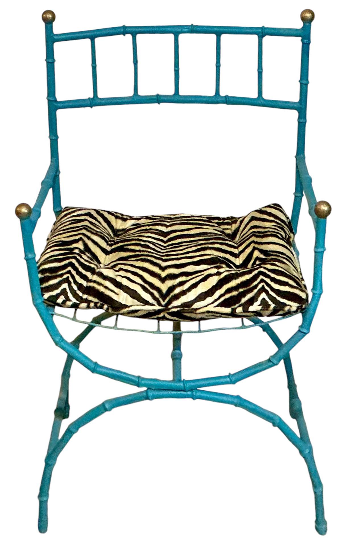 Mid-Century Faux Bamboo Campaign Style Metal Arm Chairs W/ Zebra Velvet - Pair For Sale 2