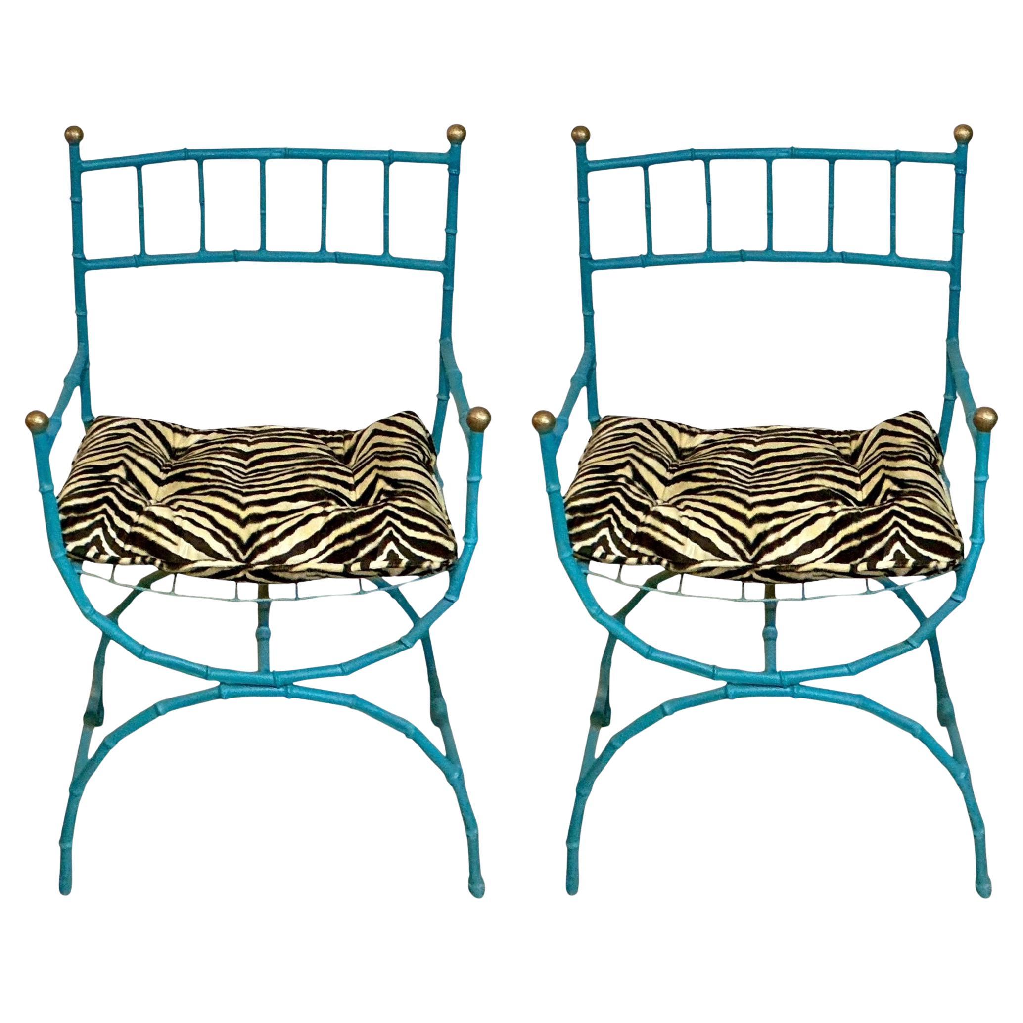 Mid-Century Faux Bamboo Campaign Style Metal Arm Chairs W/ Zebra Velvet - Pair