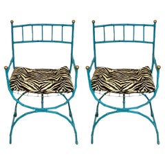 Mid-Century Faux Bamboo Campaign Style Metal Arm Chairs W/ Zebra Velvet - Pair