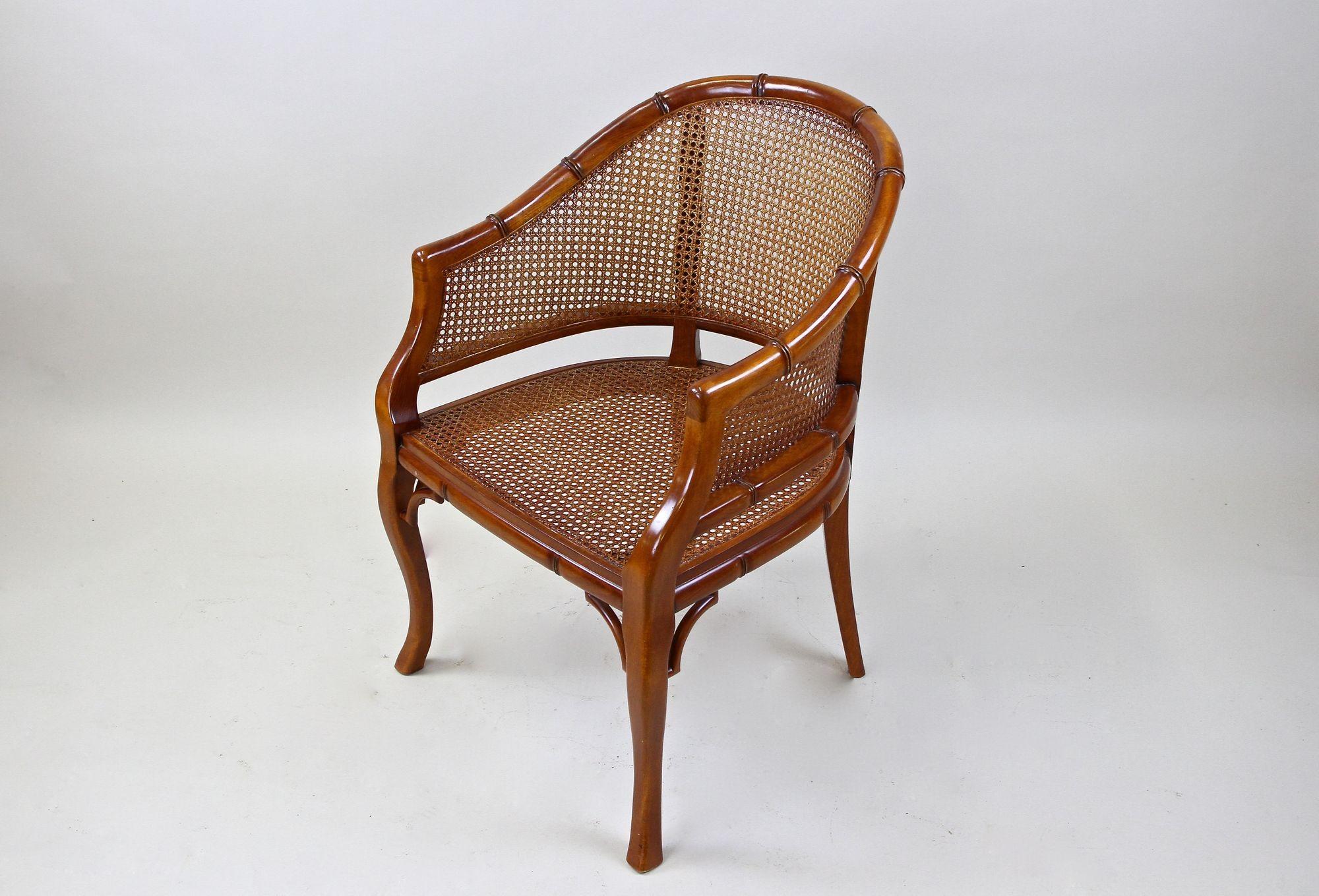 Mid-Century Faux-Bamboo Caned Barrel Armchair, Carved Nutwood, France ca. 1970 4