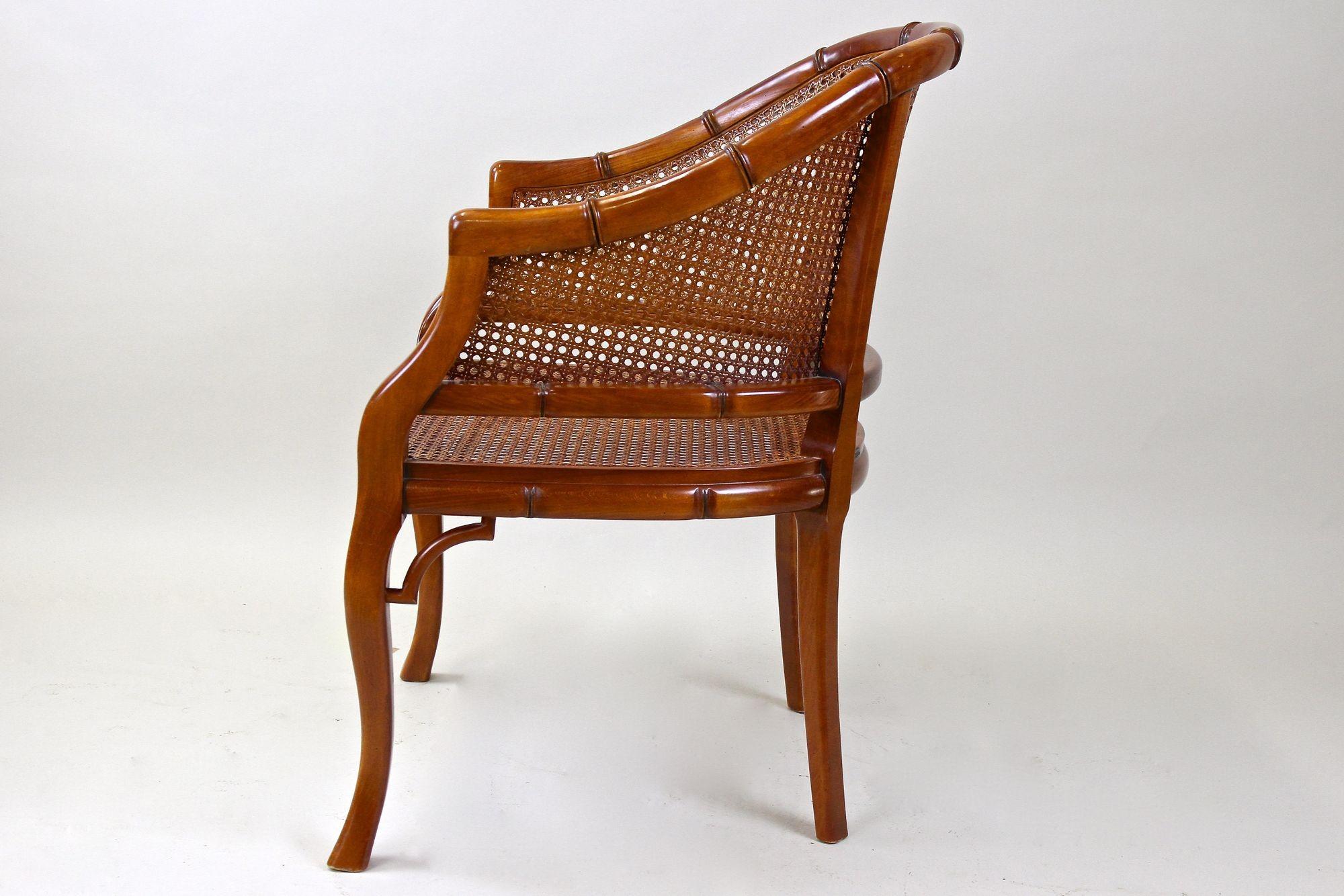 Mid-Century Faux-Bamboo Caned Barrel Armchair, Carved Nutwood, France ca. 1970 5