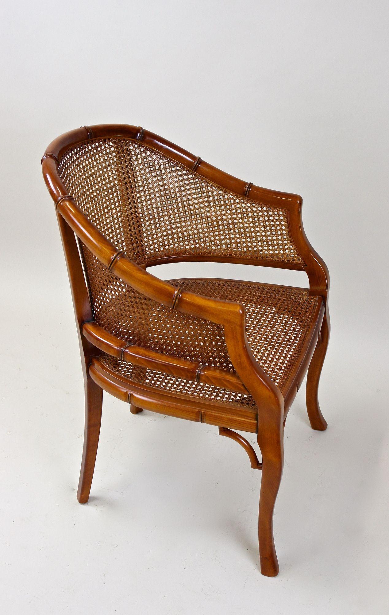 Mid-Century Faux-Bamboo Caned Barrel Armchair, Carved Nutwood, France ca. 1970 10