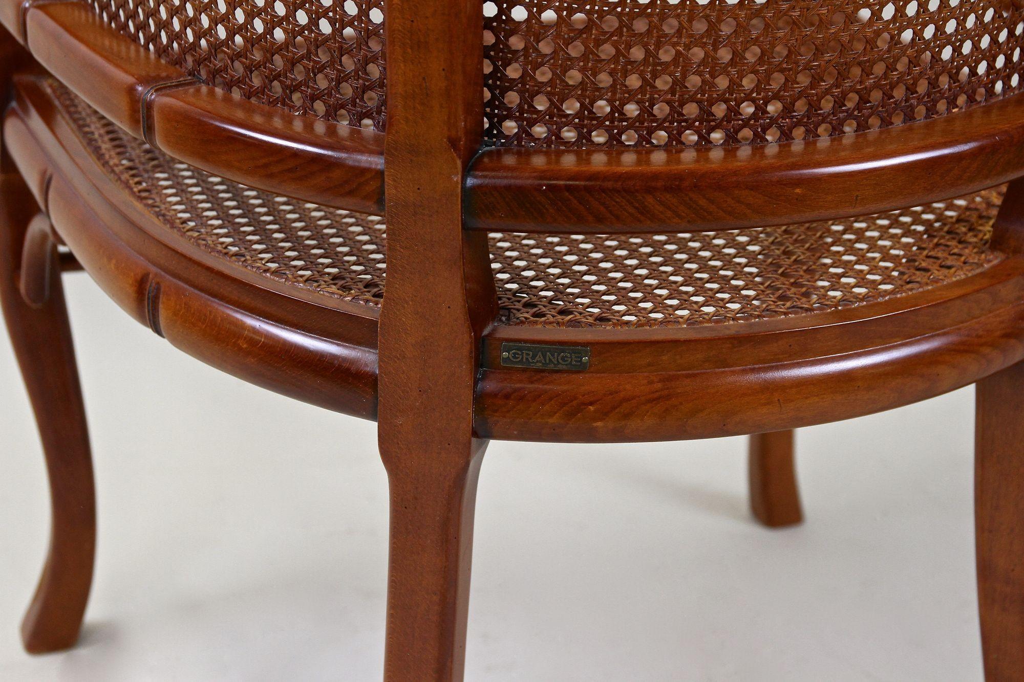 Mid-Century Faux-Bamboo Caned Barrel Armchair, Carved Nutwood, France ca. 1970 11