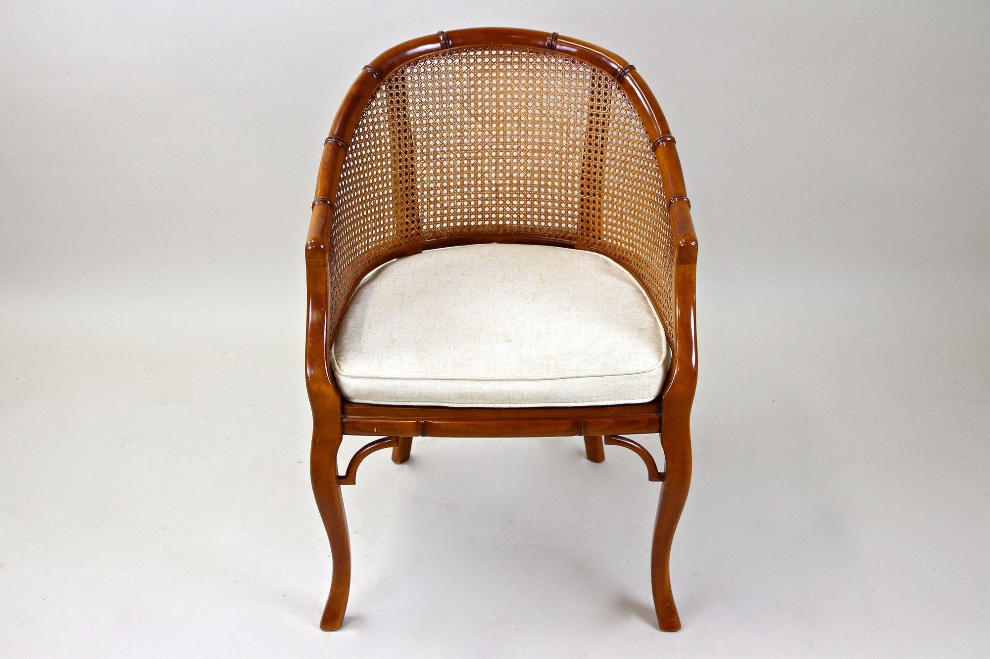 Mid-Century Faux-Bamboo Caned Barrel Armchair, Carved Nutwood, France ca. 1970 12