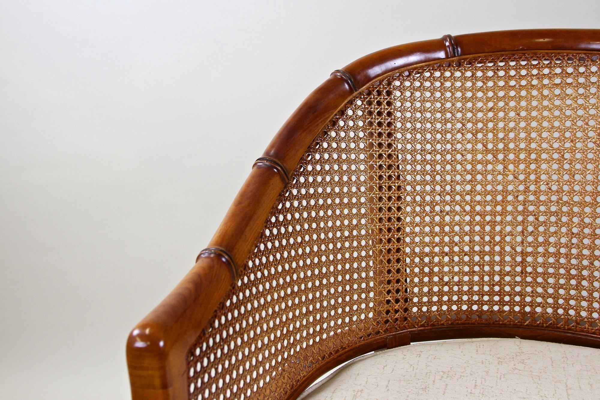 Mid-Century Faux-Bamboo Caned Barrel Armchair, Carved Nutwood, France ca. 1970 13