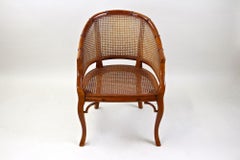 Mid-Century Faux-Bamboo Caned Barrel Armchair, Carved Nutwood, France ca. 1970