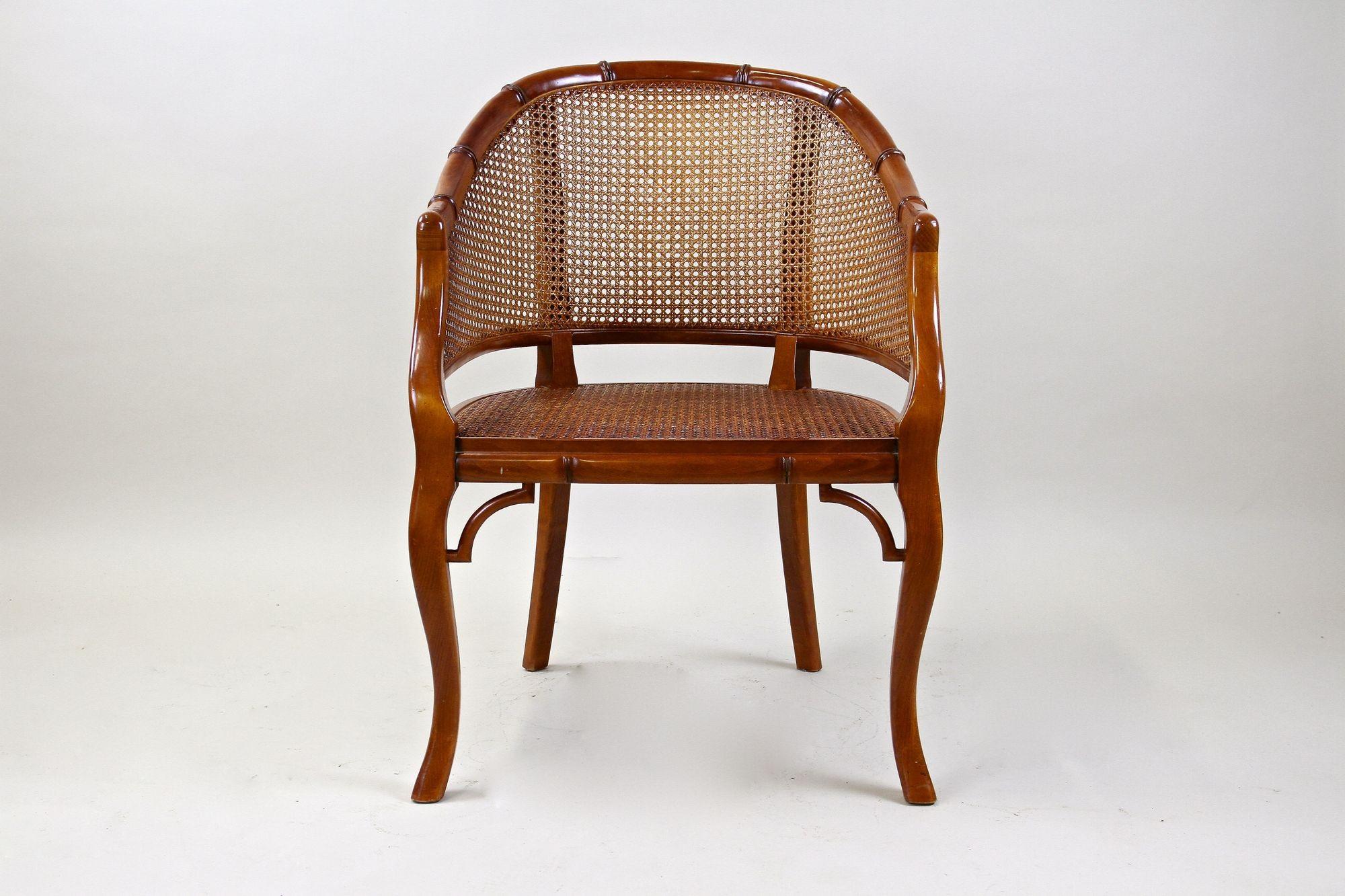 Mid-Century Modern Mid-Century Faux-Bamboo Caned Barrel Armchair, Carved Nutwood, France ca. 1970