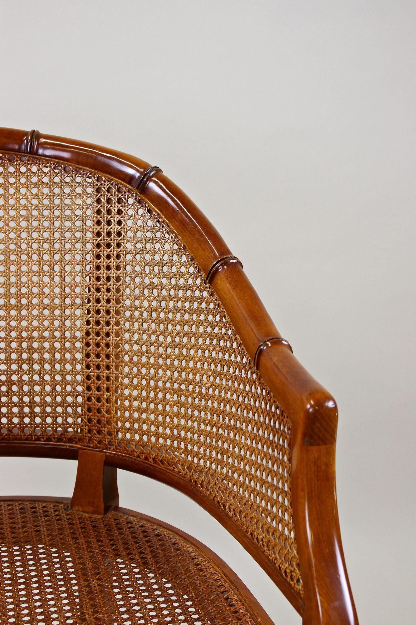 French Mid-Century Faux-Bamboo Caned Barrel Armchair, Carved Nutwood, France ca. 1970