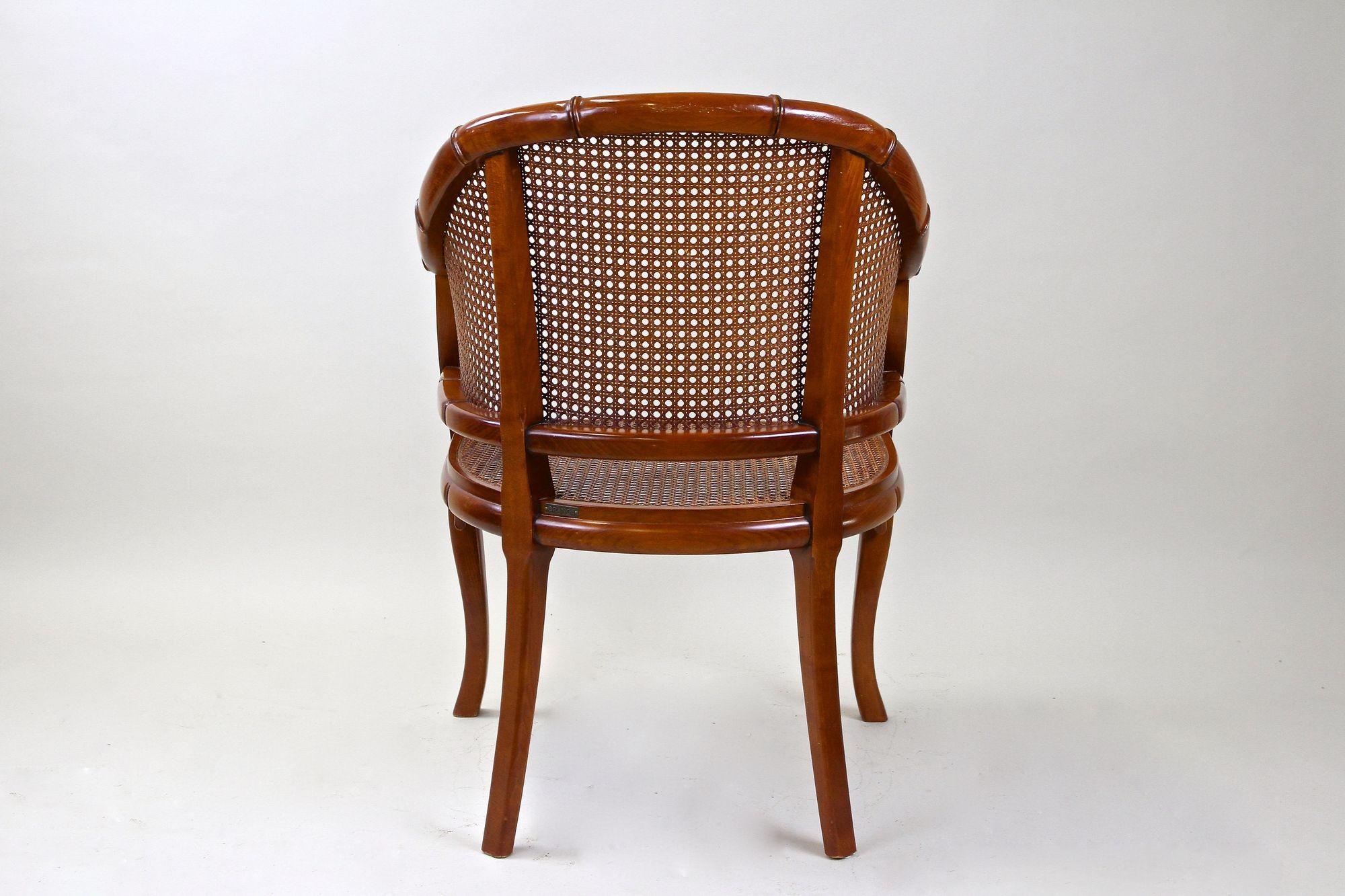 Mid-Century Faux-Bamboo Caned Barrel Armchair, Carved Nutwood, France ca. 1970 1