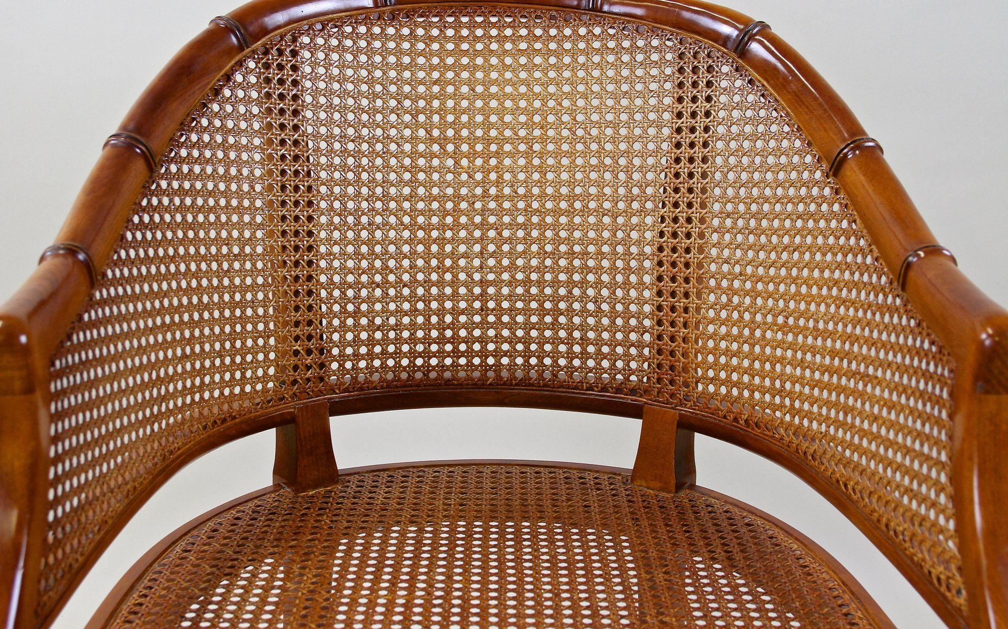 Mid-Century Faux-Bamboo Caned Barrel Armchair, Carved Nutwood, France ca. 1970 2