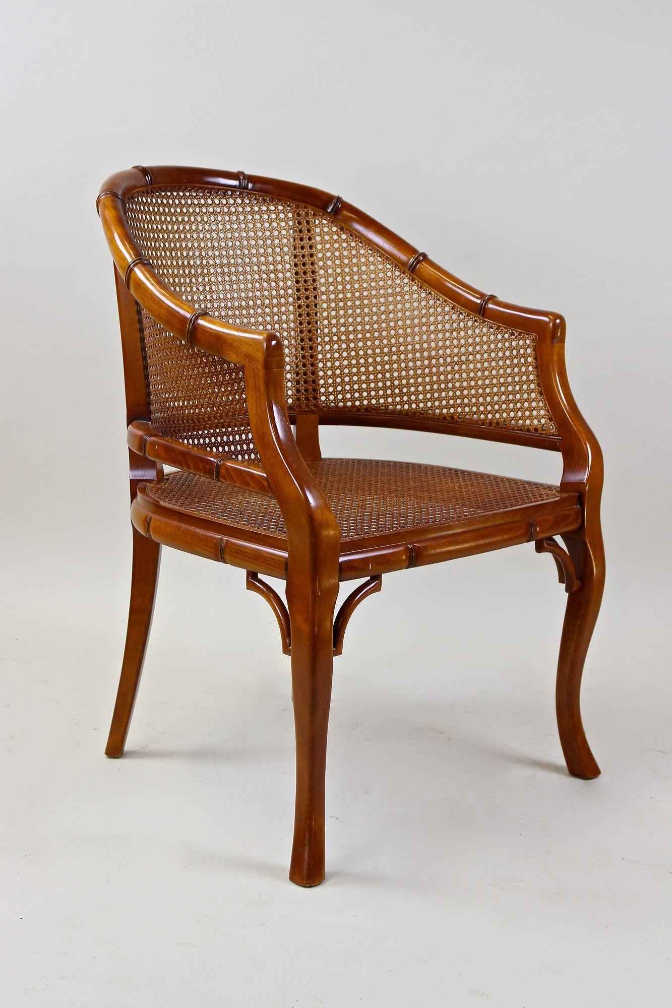 Mid-Century Faux-Bamboo Caned Barrel Armchair, Carved Nutwood, France ca. 1970 3