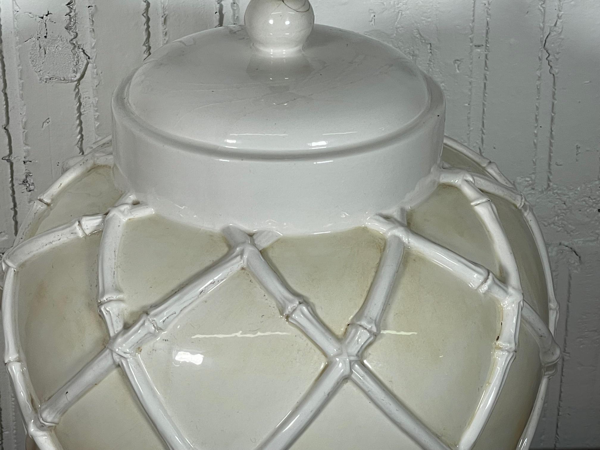 Hollywood Regency Mid Century Faux Bamboo Ceramic Ginger Jar Table Lamp