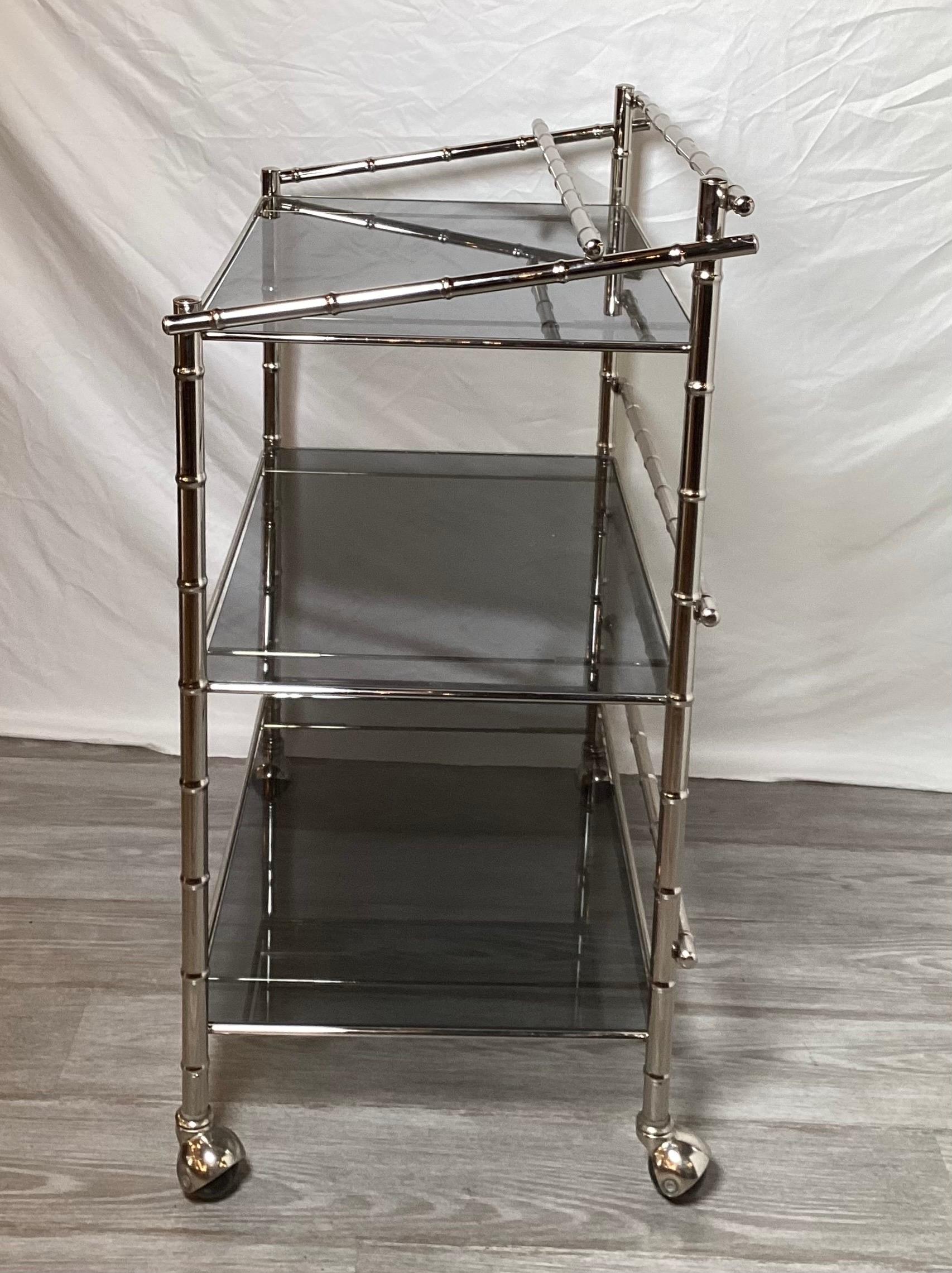 Hollywood Regency Midcentury Faux Bamboo Chrome Bar Cart For Sale