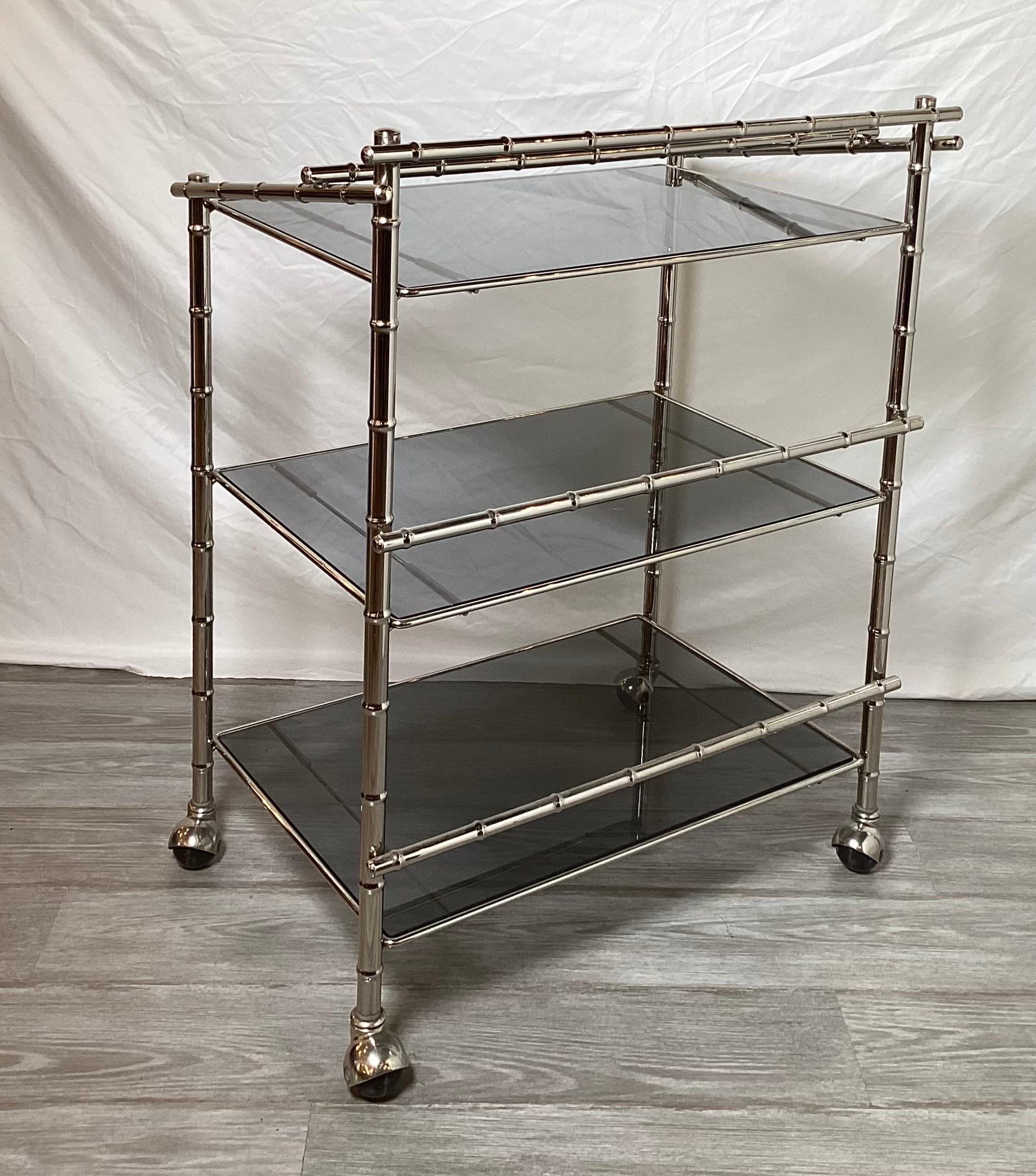 American Midcentury Faux Bamboo Chrome Bar Cart For Sale