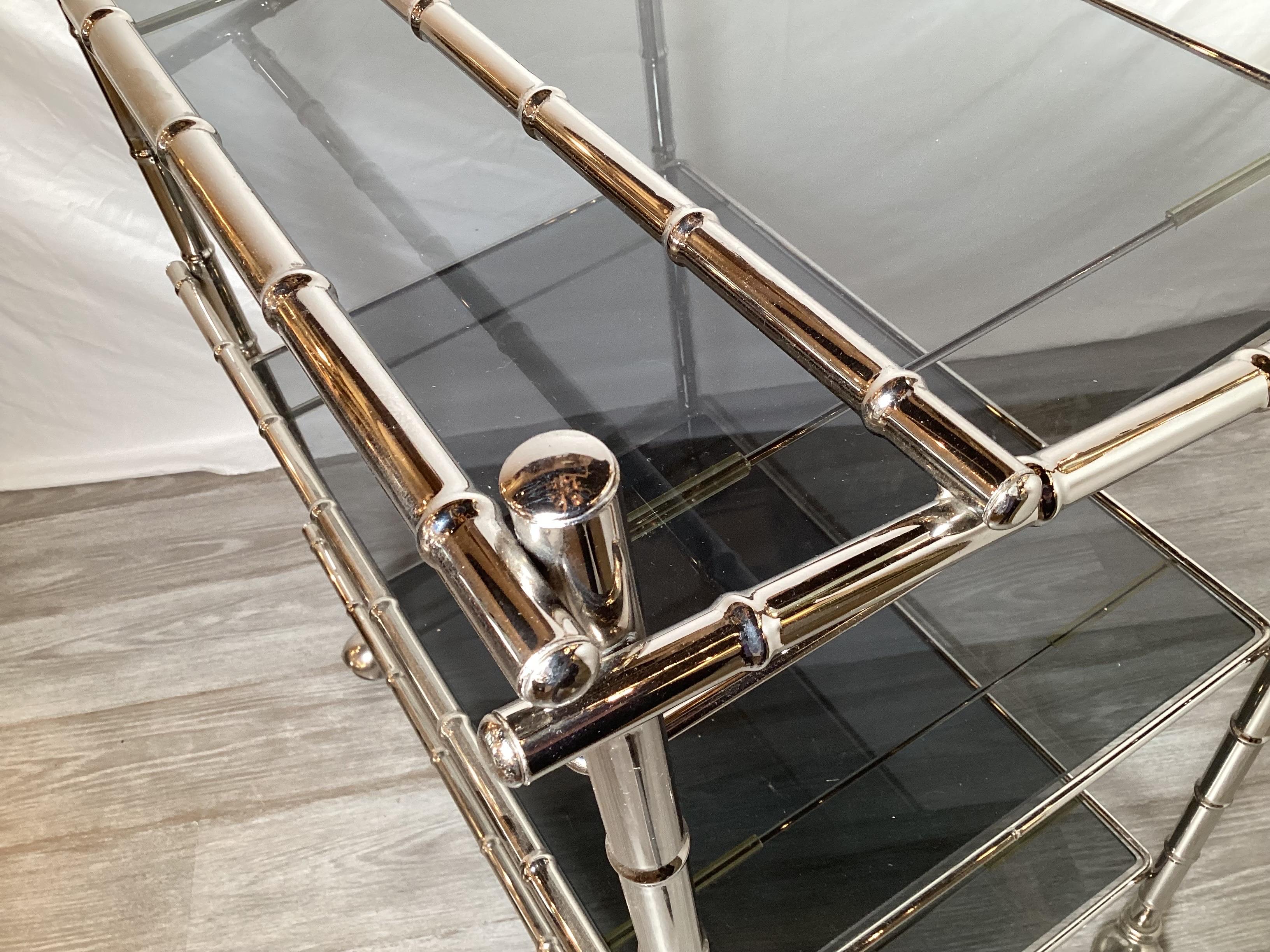 20th Century Midcentury Faux Bamboo Chrome Bar Cart For Sale