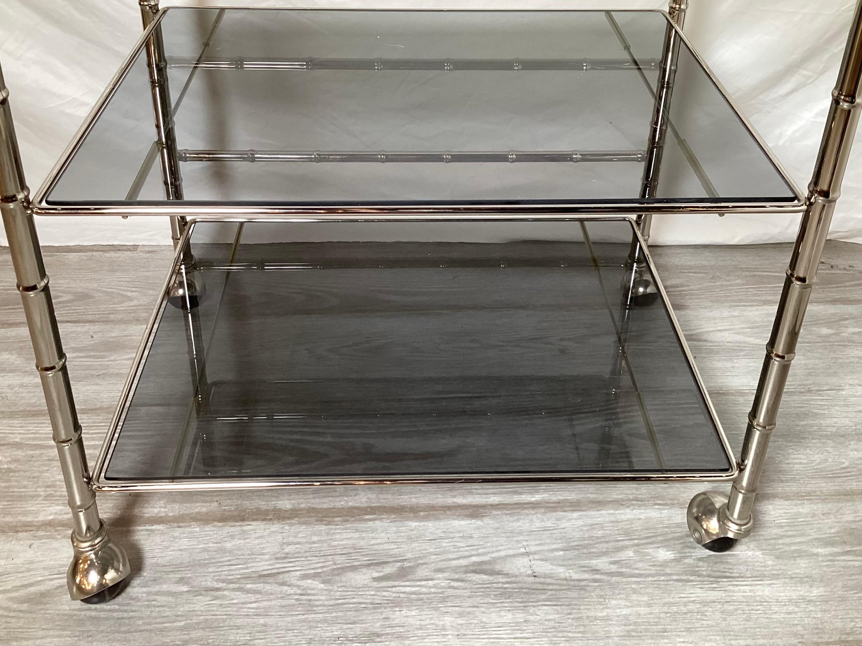 Glass Midcentury Faux Bamboo Chrome Bar Cart For Sale