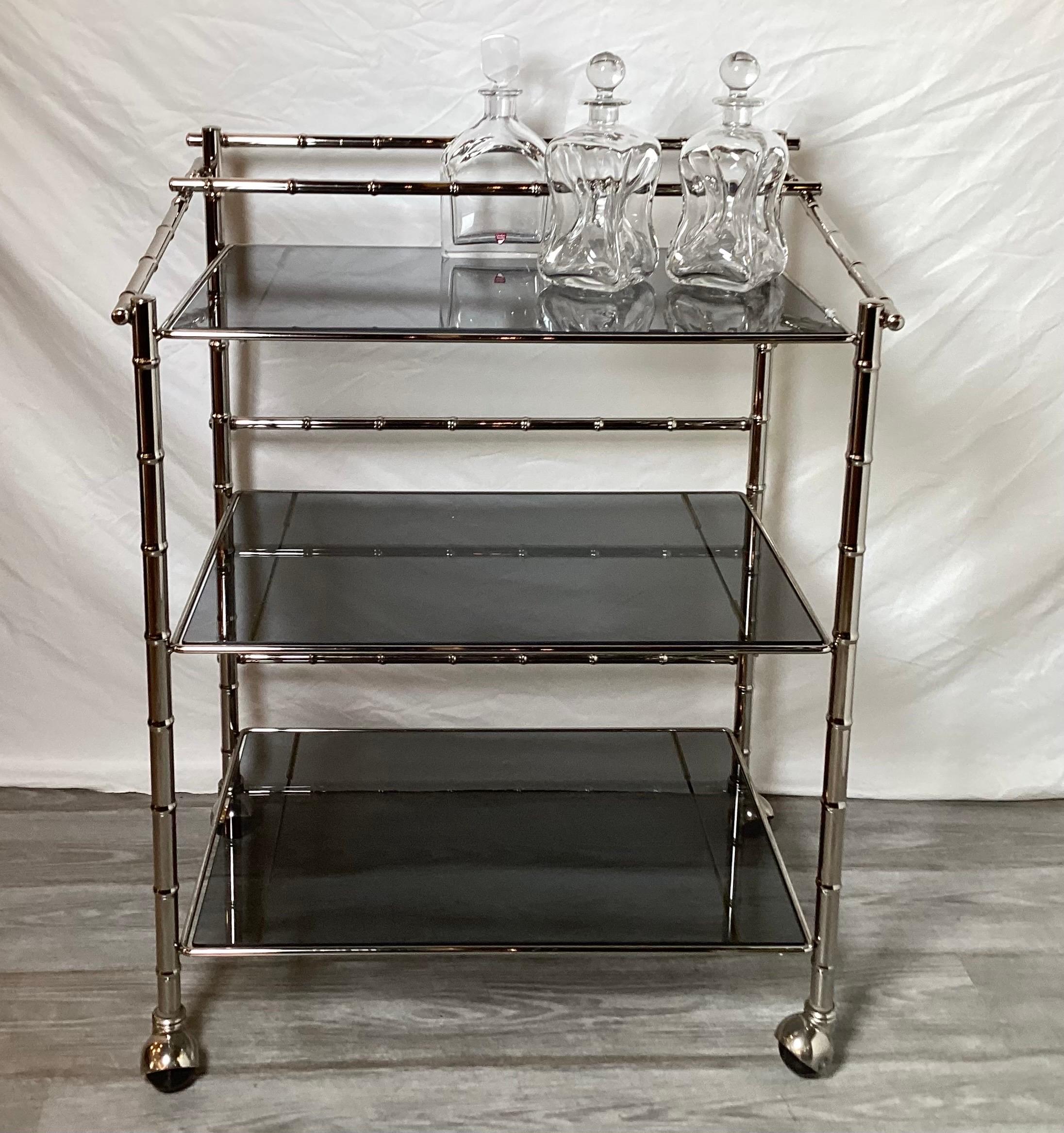 Midcentury Faux Bamboo Chrome Bar Cart For Sale 1