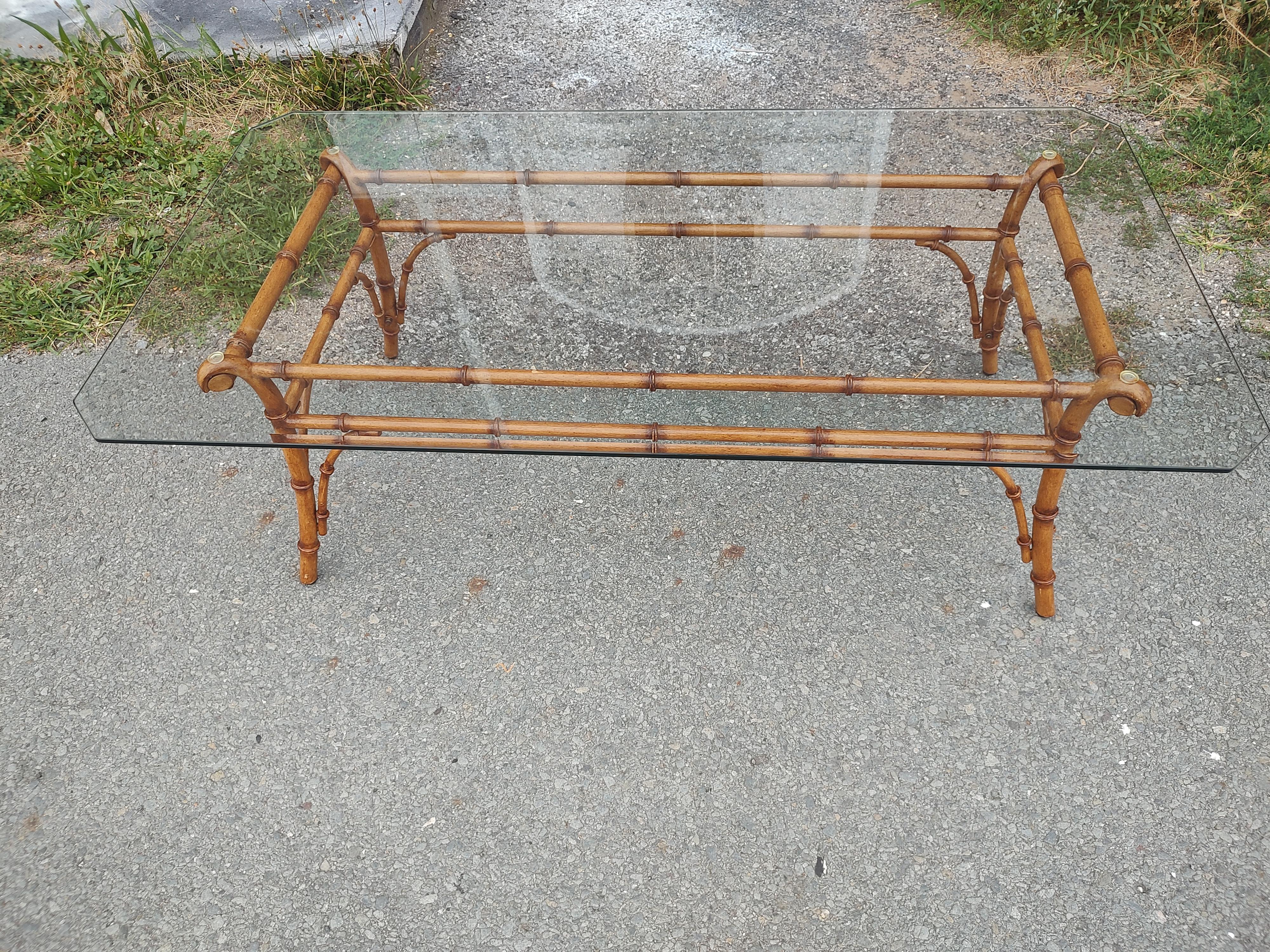 Mid Century Faux Bamboo Cocktail Table with Beveled Glass Top For Sale 3